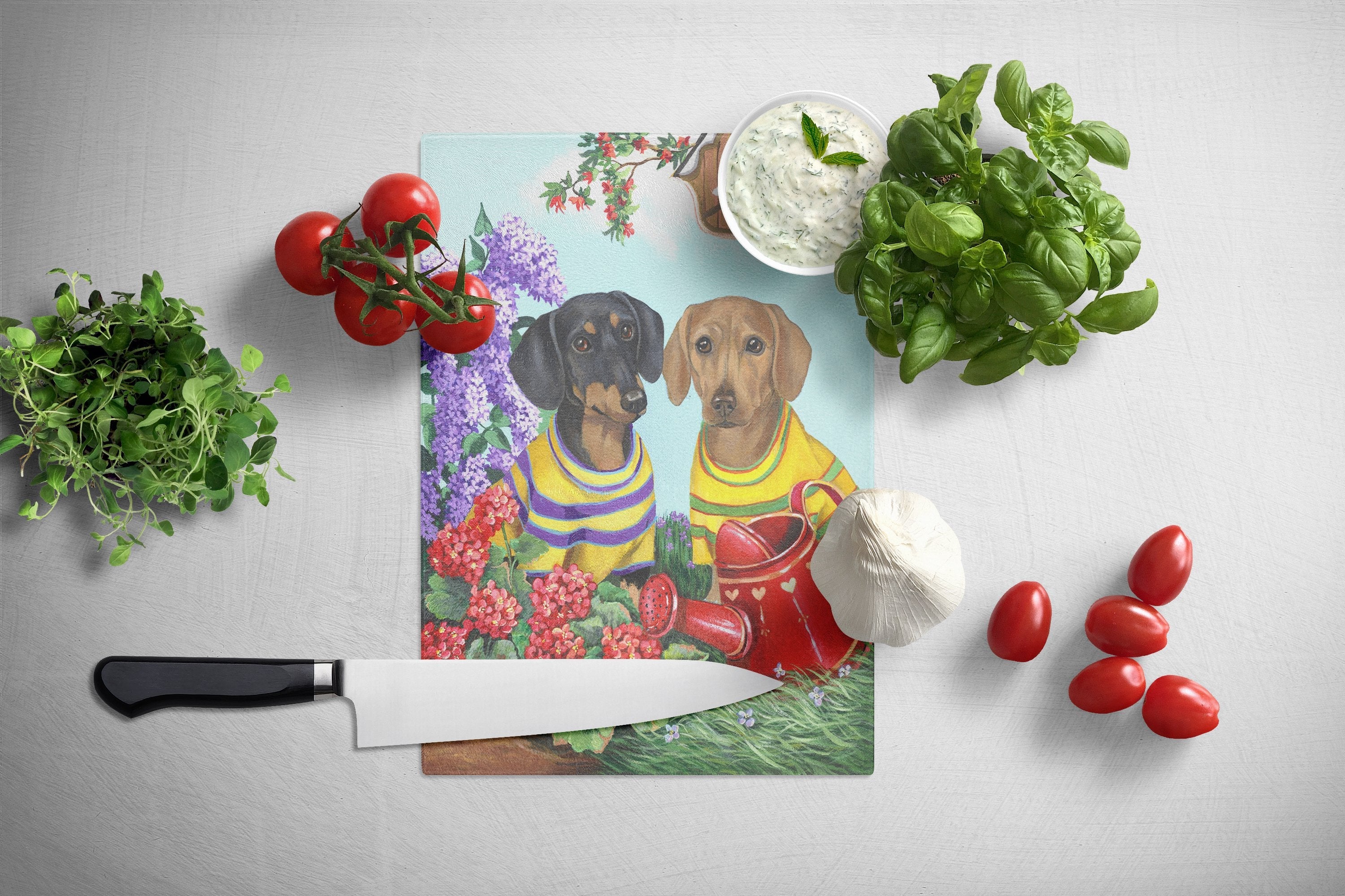 Dachshund Blooms Cutting Board Tempered Glass Kitchen Cutting Surface, Heat Resistant Chopping, Non-Slip Feet, Food Prep & Serving