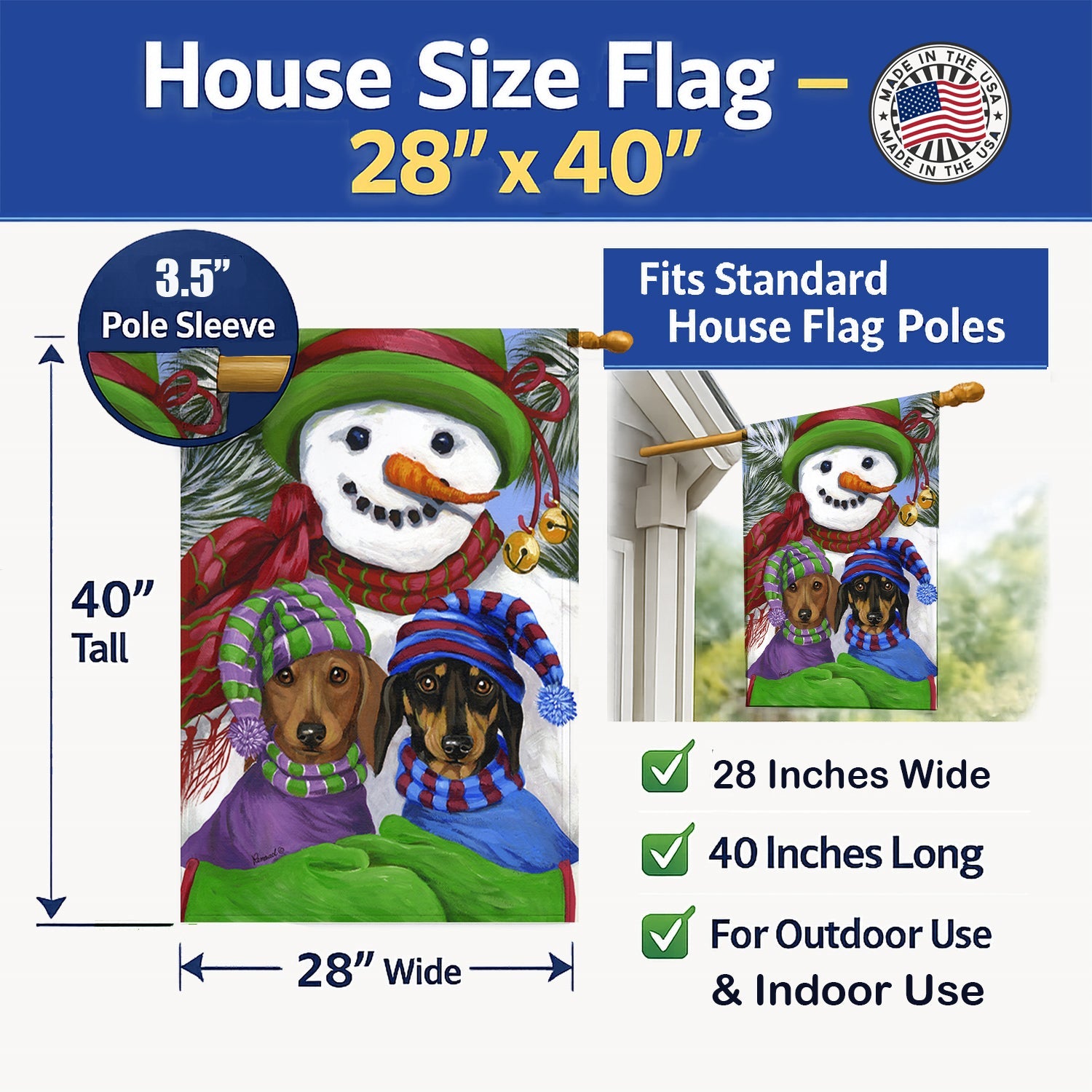 Dachshund Christmas Frosty and Company House Flag 28x40 Porch Sleeve Pole Decorative Outside Yard Banner Artwork Wall Hanging, Polyester