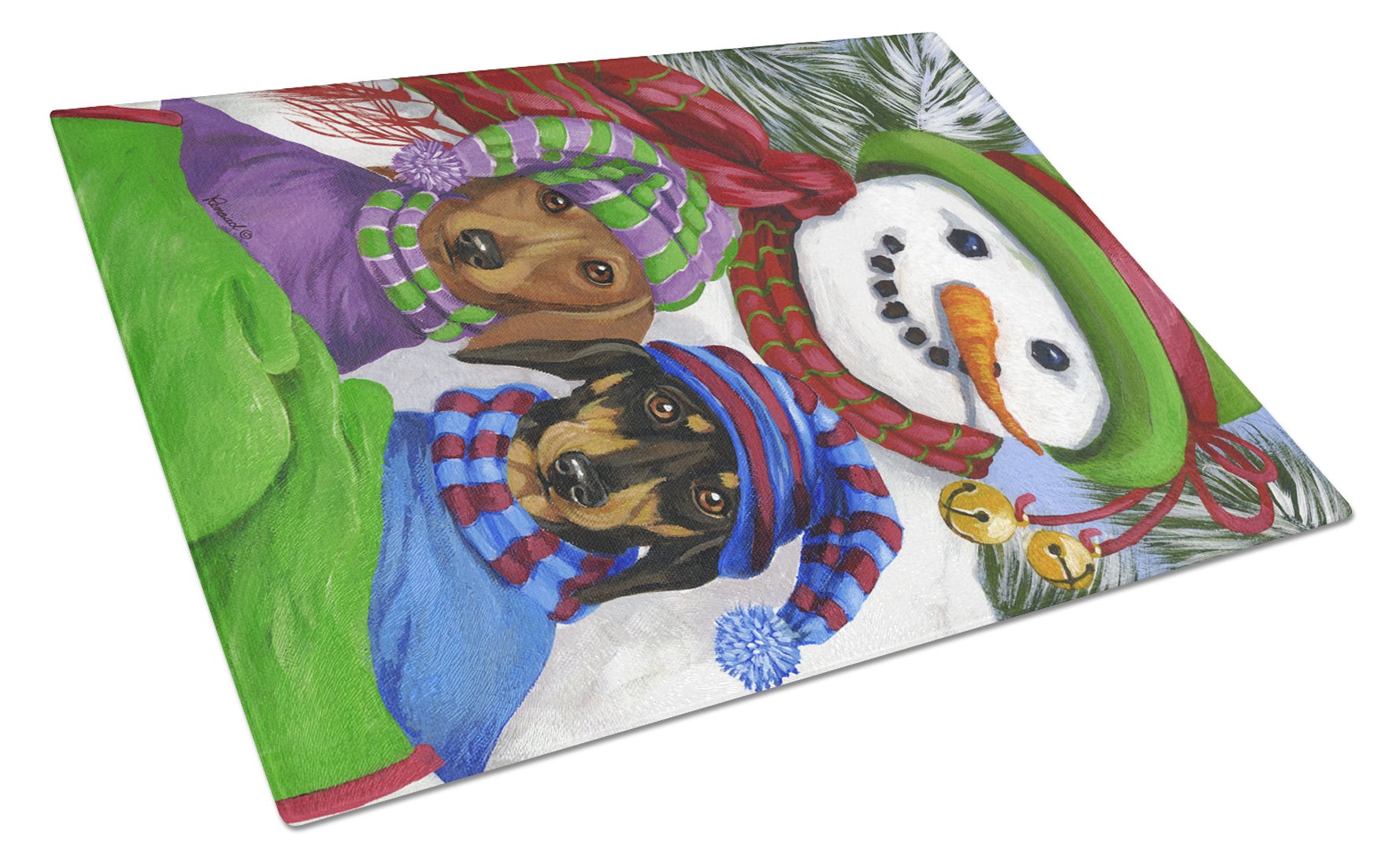 Dachshund Christmas Frosty and Company Cutting Board Tempered Glass Kitchen Cutting Surface, Heat Resistant Chopping, Non-Slip Feet, Food Prep & Serving