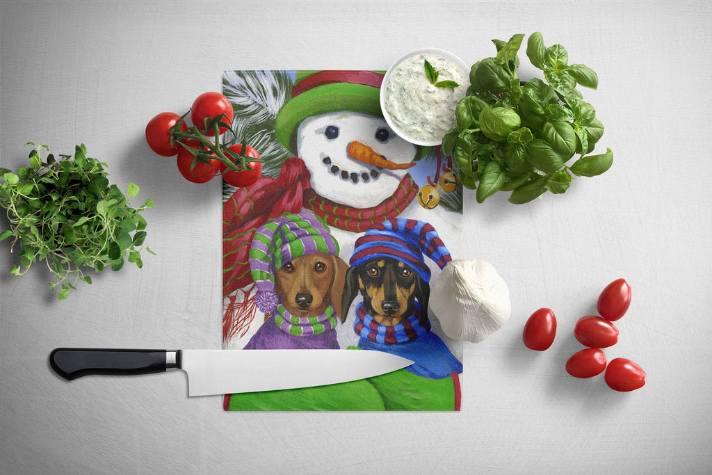 Dachshund Christmas Frosty and Company Cutting Board Tempered Glass Kitchen Cutting Surface, Heat Resistant Chopping, Non-Slip Feet, Food Prep & Serving