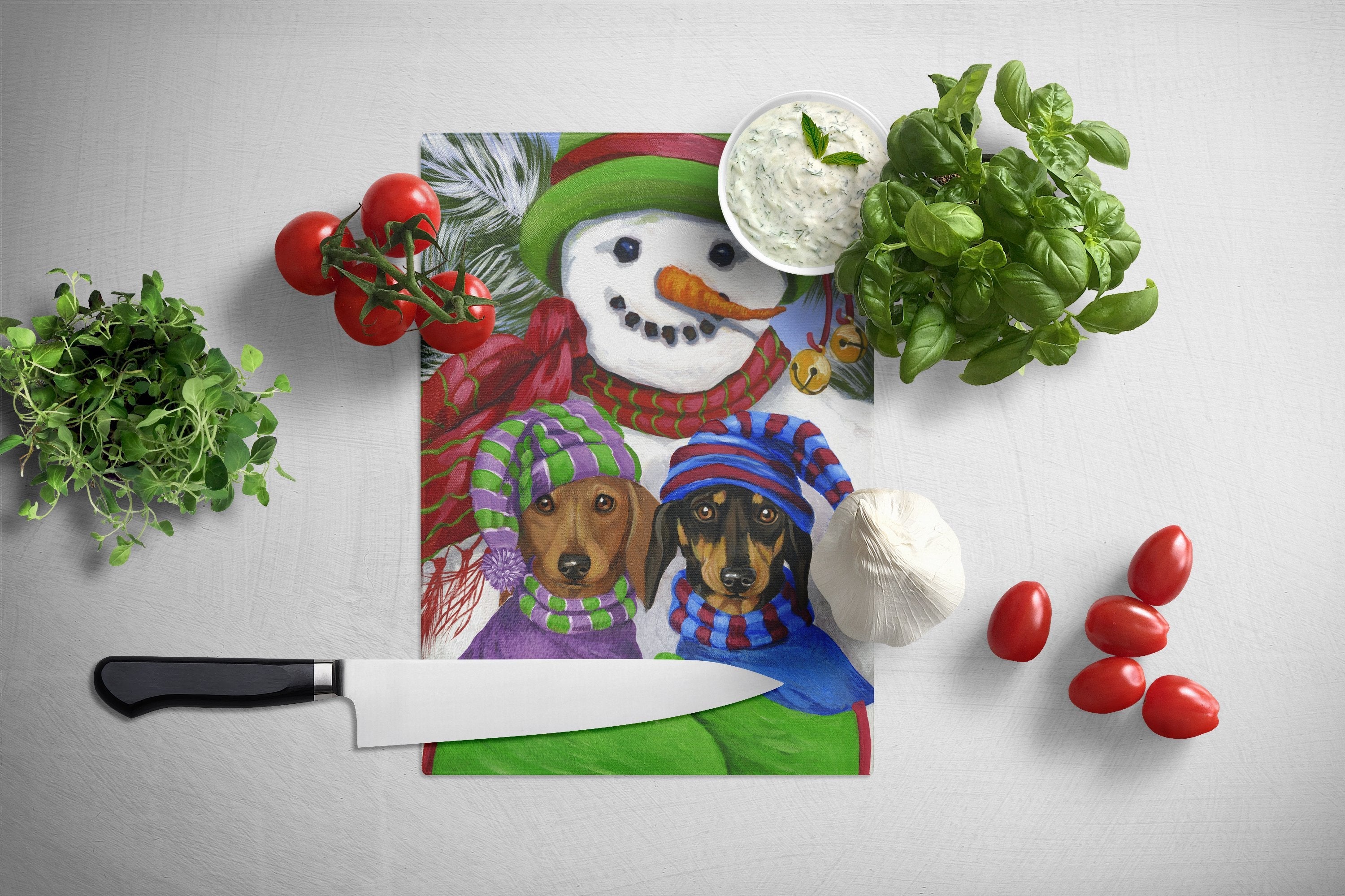Dachshund Christmas Frosty and Company Cutting Board Tempered Glass Kitchen Cutting Surface, Heat Resistant Chopping, Non-Slip Feet, Food Prep & Serving