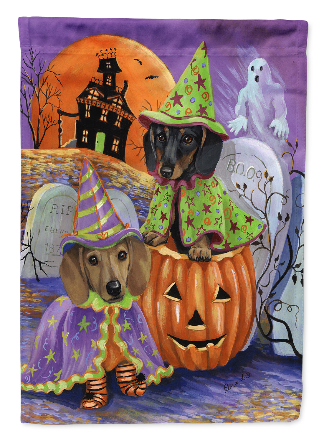 Dachshund Halloween Haunted House House Flag 28x40 Porch Sleeve Pole Decorative Outside Yard Banner Artwork Wall Hanging, Polyester