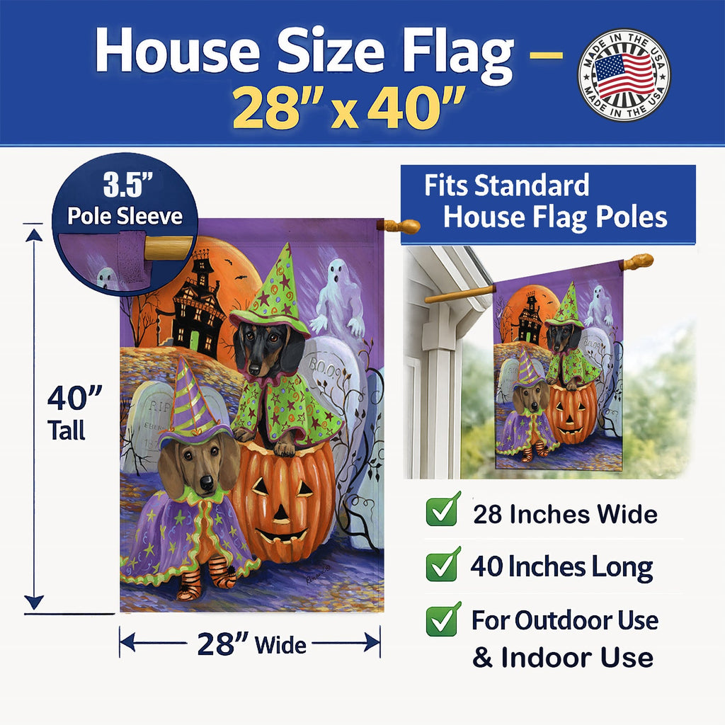 Dachshund Halloween Haunted House House Flag 28x40 Porch Sleeve Pole Decorative Outside Yard Banner Artwork Wall Hanging, Polyester