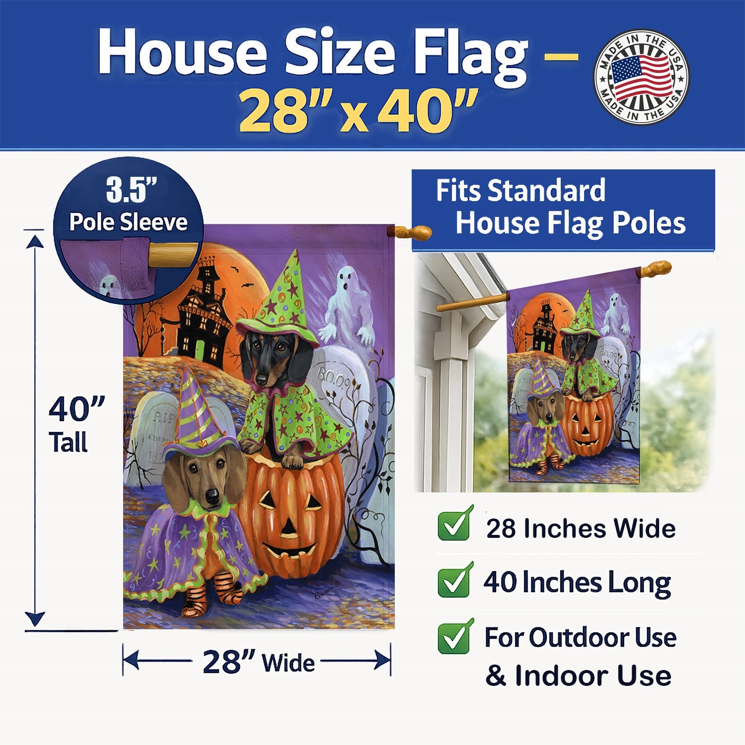 Dachshund Halloween Haunted House House Flag 28x40 Porch Sleeve Pole Decorative Outside Yard Banner Artwork Wall Hanging, Polyester