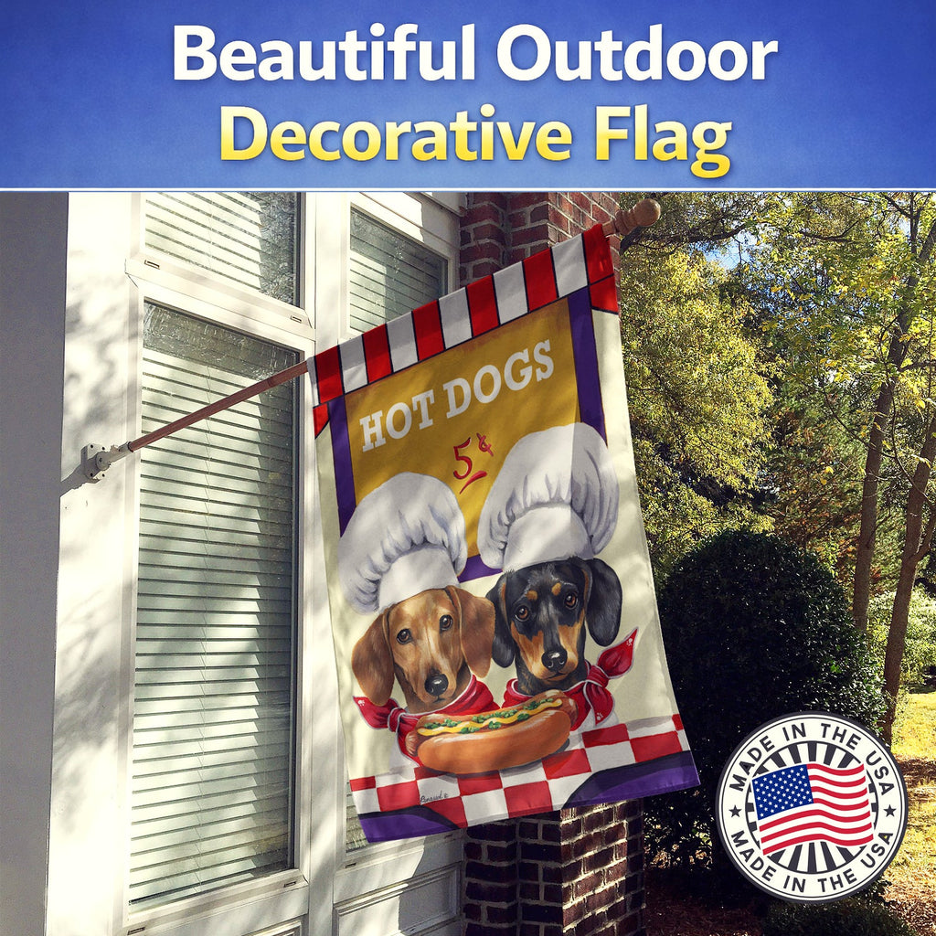 Dachshund Hot Dog Stand House Flag 28x40 Porch Sleeve Pole Decorative Outside Yard Banner Artwork Wall Hanging, Polyester