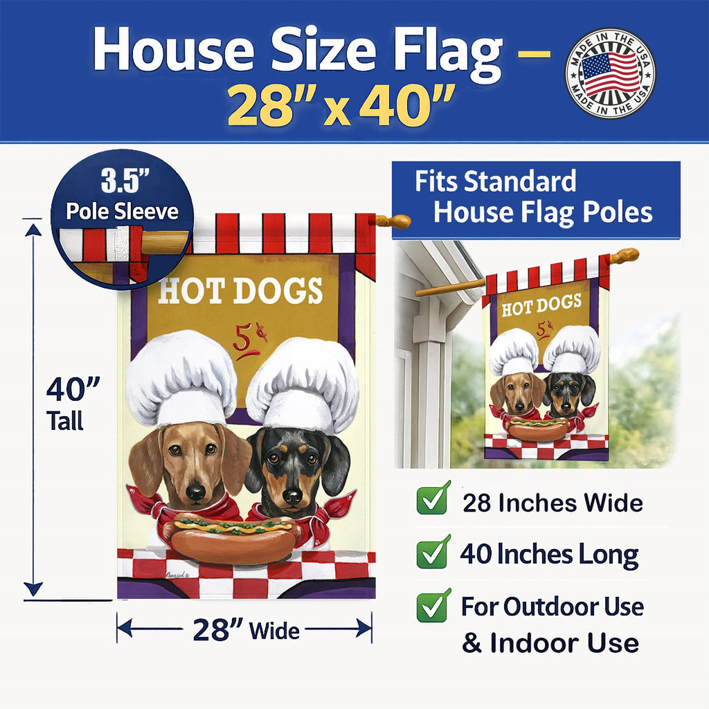 Dachshund Hot Dog Stand House Flag 28x40 Porch Sleeve Pole Decorative Outside Yard Banner Artwork Wall Hanging, Polyester