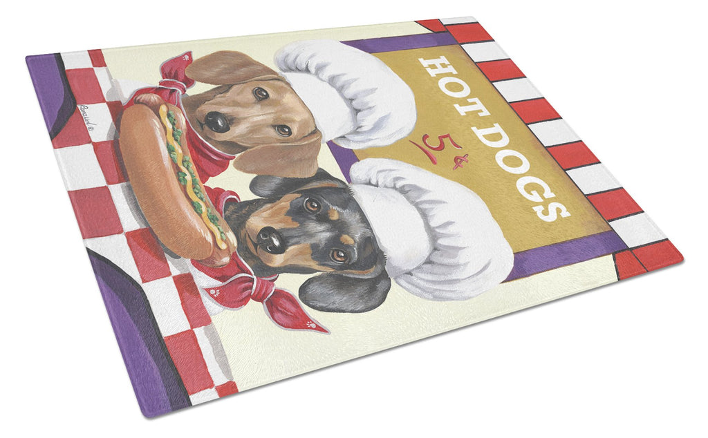 Dachshund Hot Dog Stand Cutting Board Tempered Glass Kitchen Cutting Surface, Heat Resistant Chopping, Non-Slip Feet, Food Prep & Serving