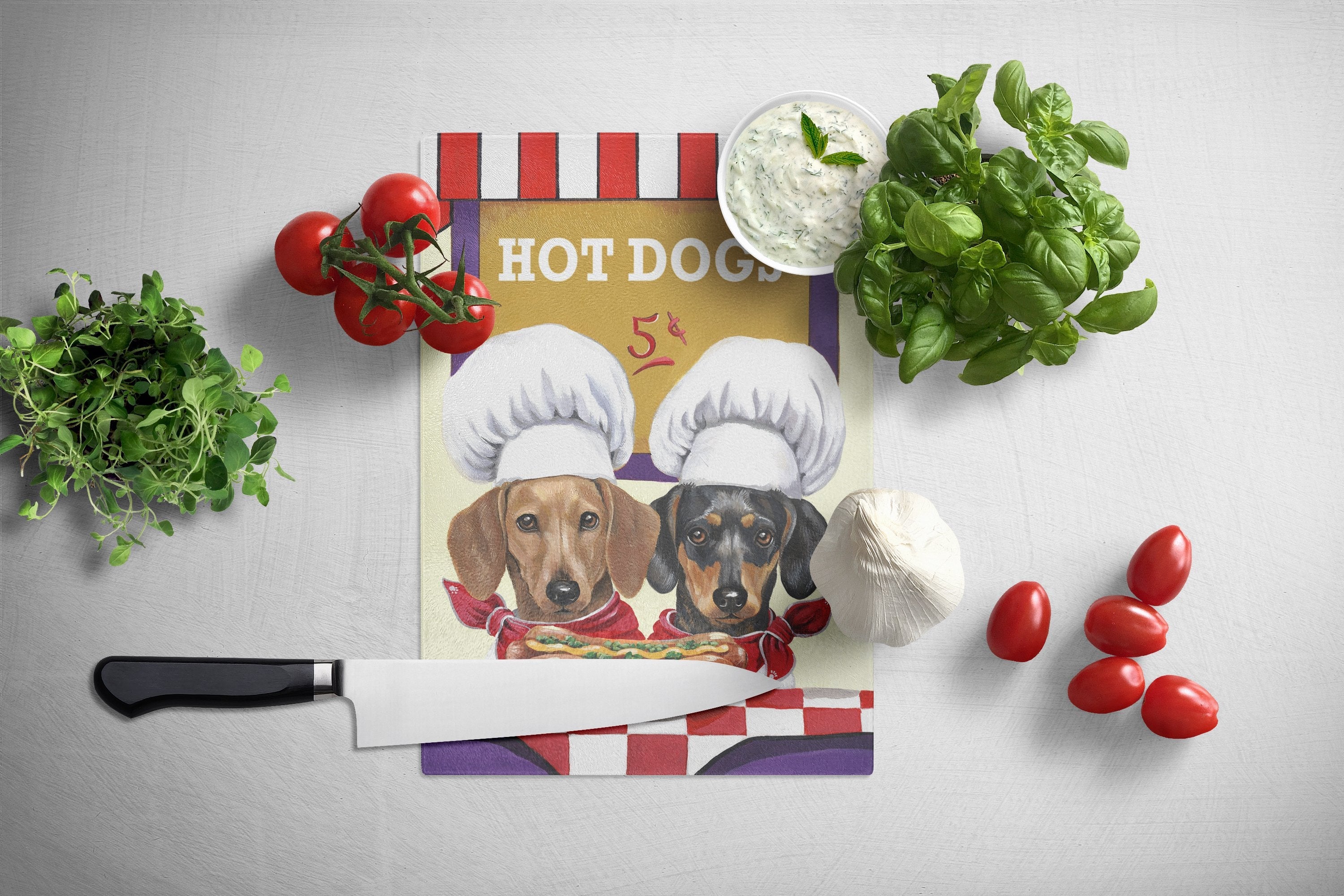 Dachshund Hot Dog Stand Cutting Board Tempered Glass Kitchen Cutting Surface, Heat Resistant Chopping, Non-Slip Feet, Food Prep & Serving
