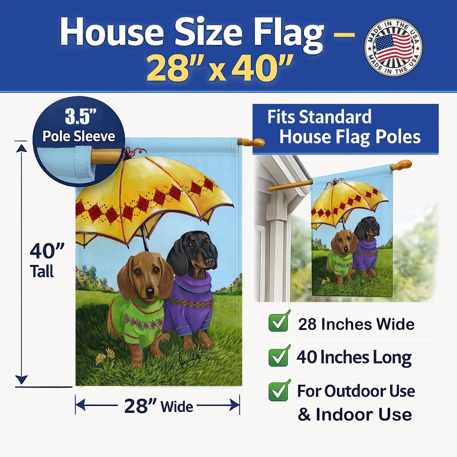 Dachshund Hot Doggies House Flag 28x40 Porch Sleeve Pole Decorative Outside Yard Banner Artwork Wall Hanging, Polyester
