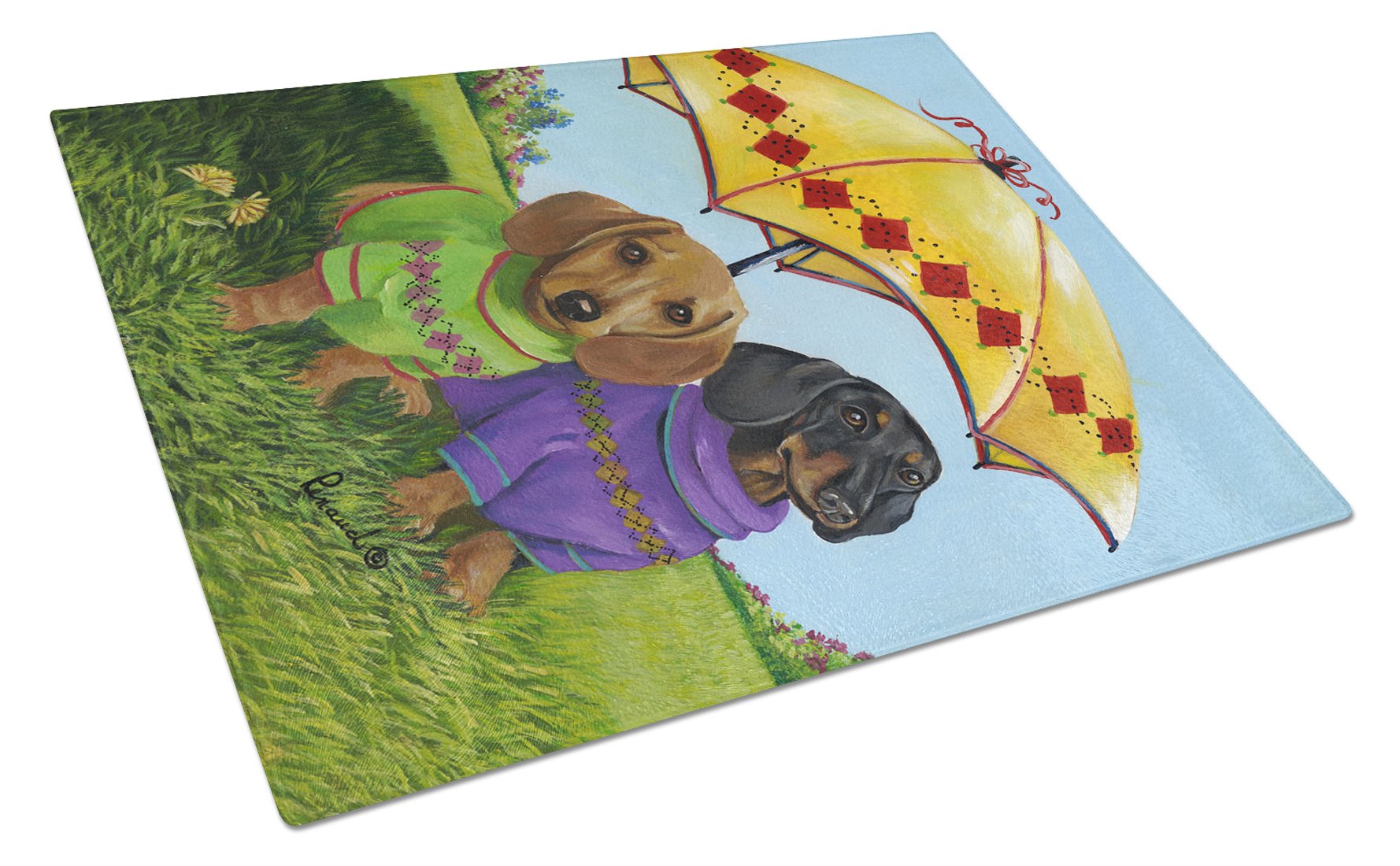 Dachshund Hot Doggies Cutting Board Tempered Glass Kitchen Cutting Surface, Heat Resistant Chopping, Non-Slip Feet, Food Prep & Serving