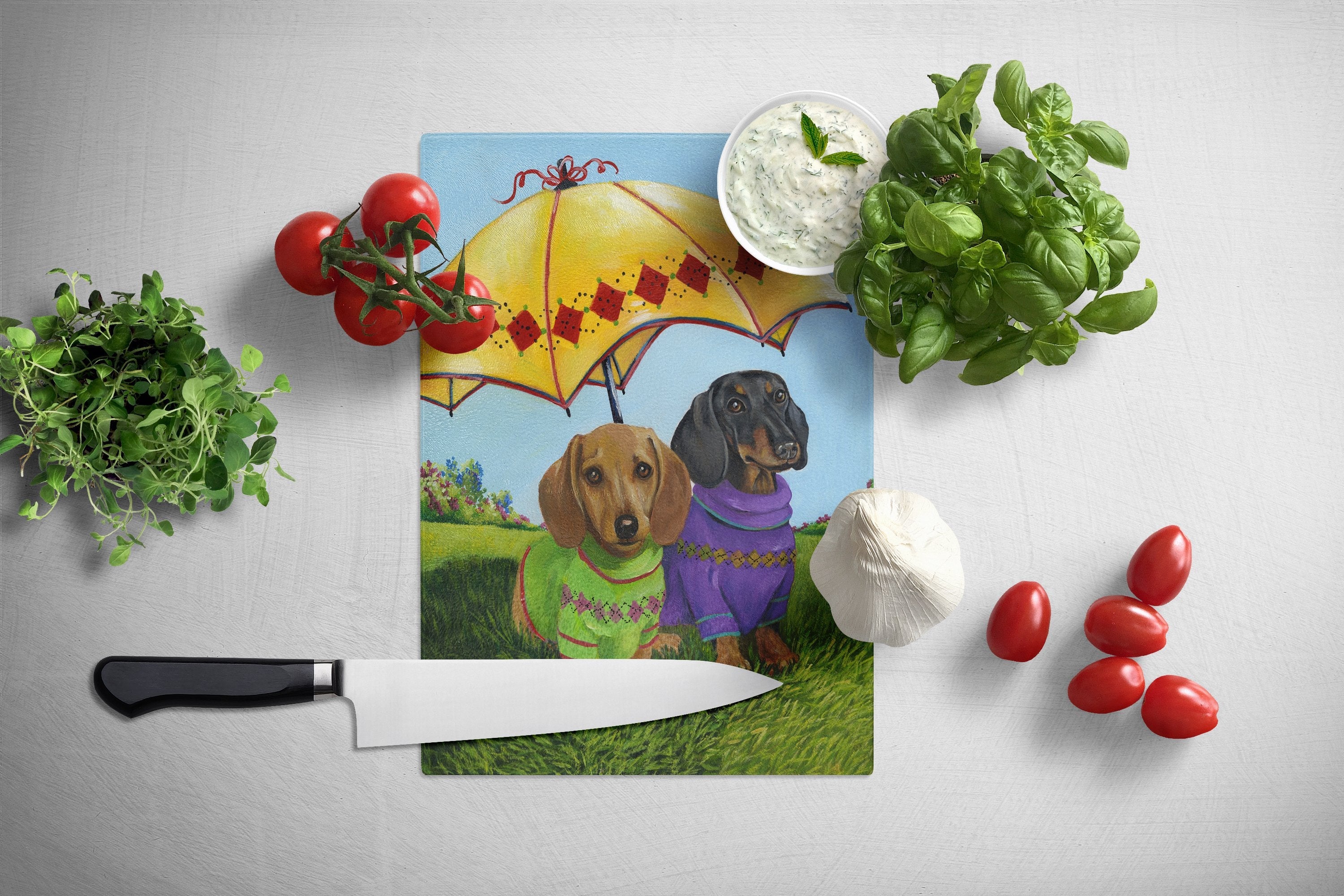 Dachshund Hot Doggies Cutting Board Tempered Glass Kitchen Cutting Surface, Heat Resistant Chopping, Non-Slip Feet, Food Prep & Serving
