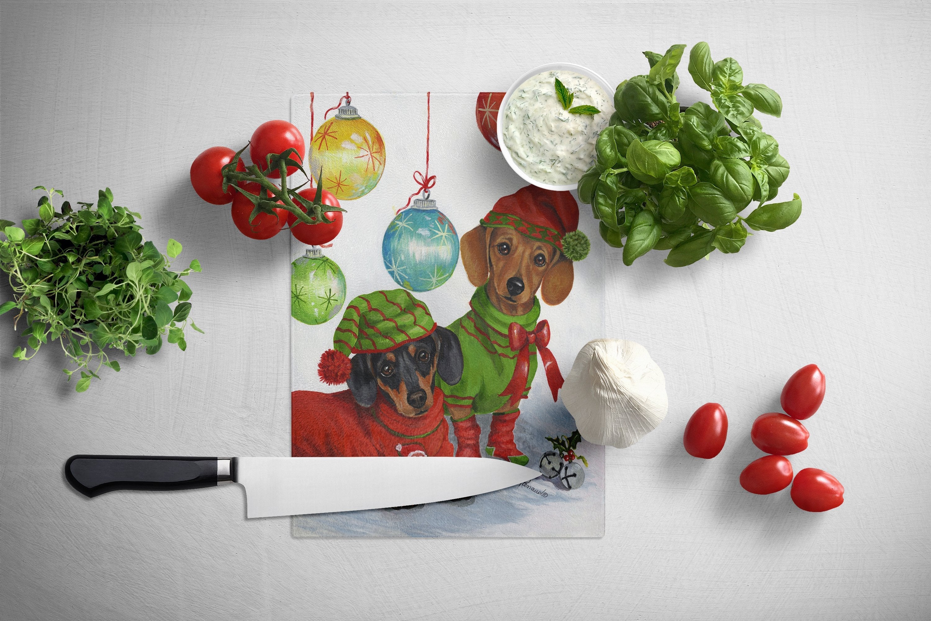 Dachshund Christmas Jingle Cutting Board Tempered Glass Kitchen Cutting Surface, Heat Resistant Chopping, Non-Slip Feet, Food Prep & Serving