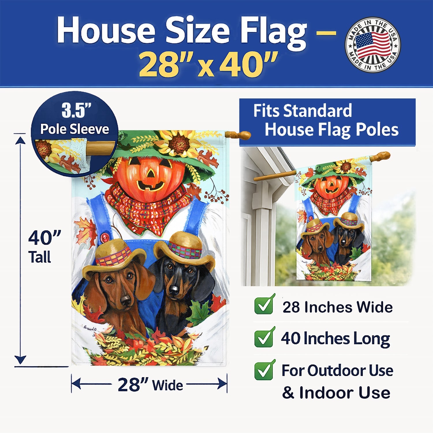Dachshund Fall Scarecrow House Flag 28x40 Porch Sleeve Pole Decorative Outside Yard Banner Artwork Wall Hanging, Polyester