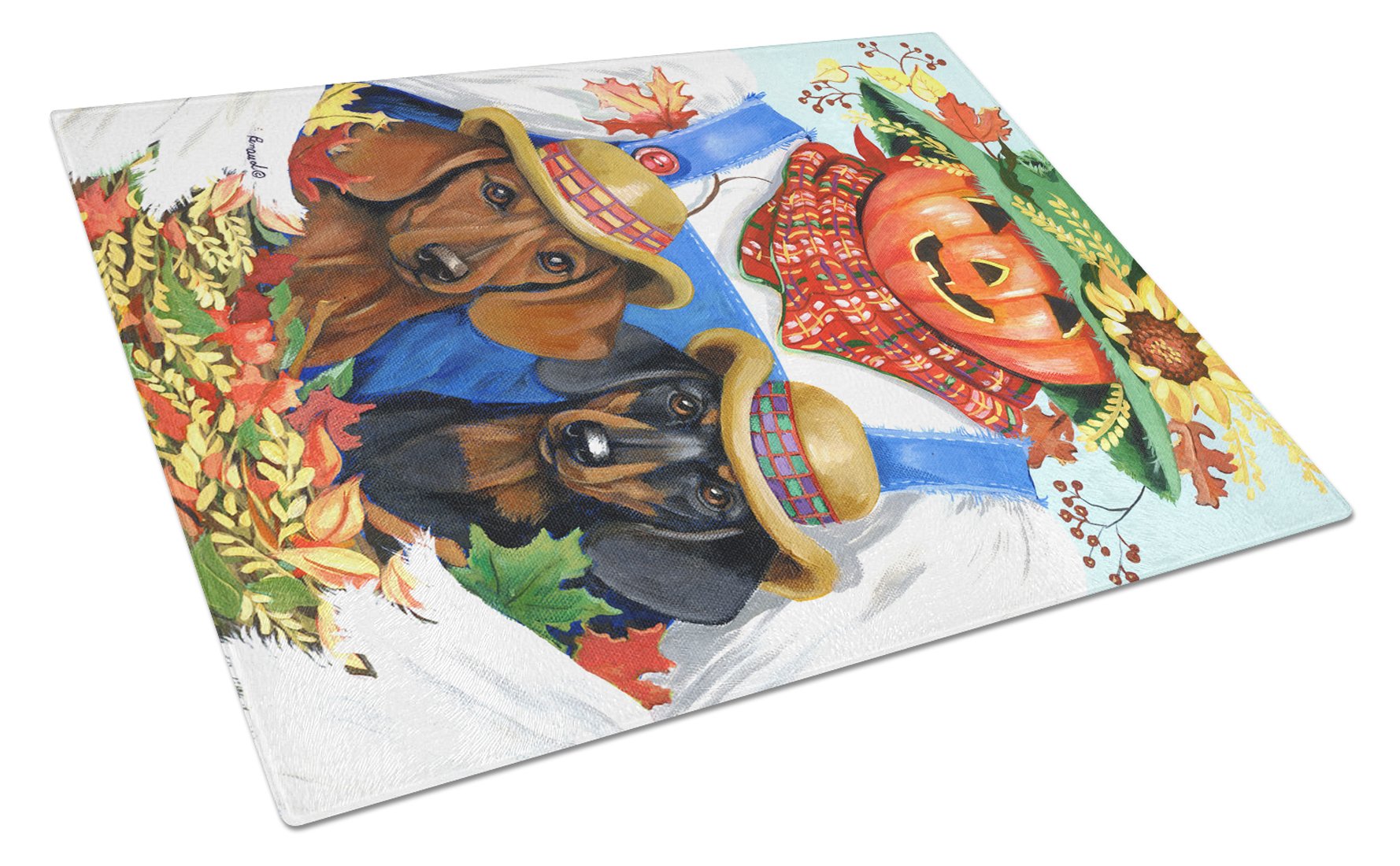 Dachshund Fall Scarecrow Cutting Board Tempered Glass Kitchen Cutting Surface, Heat Resistant Chopping, Non-Slip Feet, Food Prep & Serving