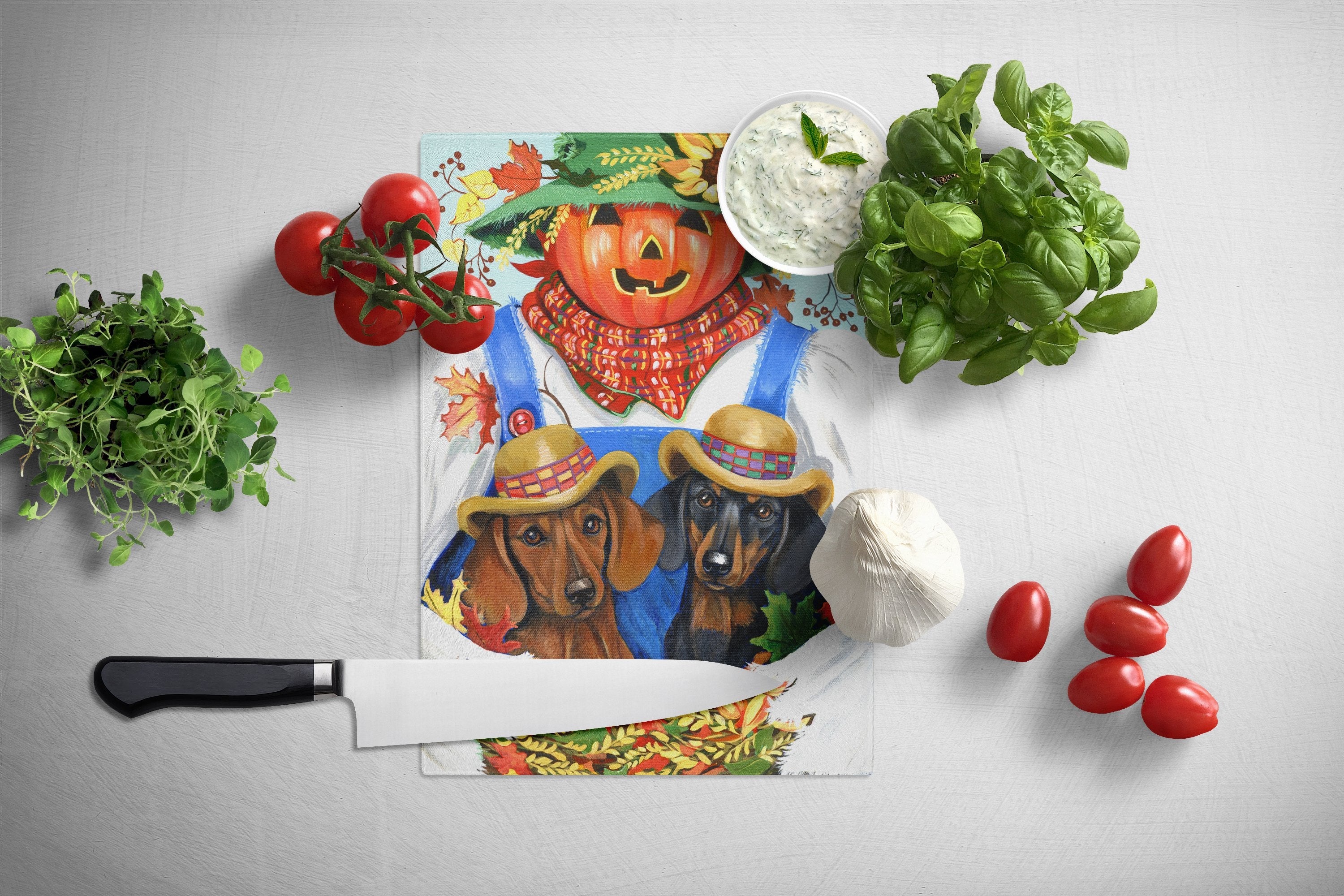 Dachshund Fall Scarecrow Cutting Board Tempered Glass Kitchen Cutting Surface, Heat Resistant Chopping, Non-Slip Feet, Food Prep & Serving
