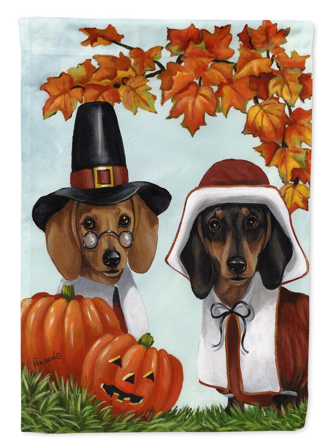 Dachshund Thanksgiving Pilgrims House Flag 28x40 Porch Sleeve Pole Decorative Outside Yard Banner Artwork Wall Hanging, Polyester