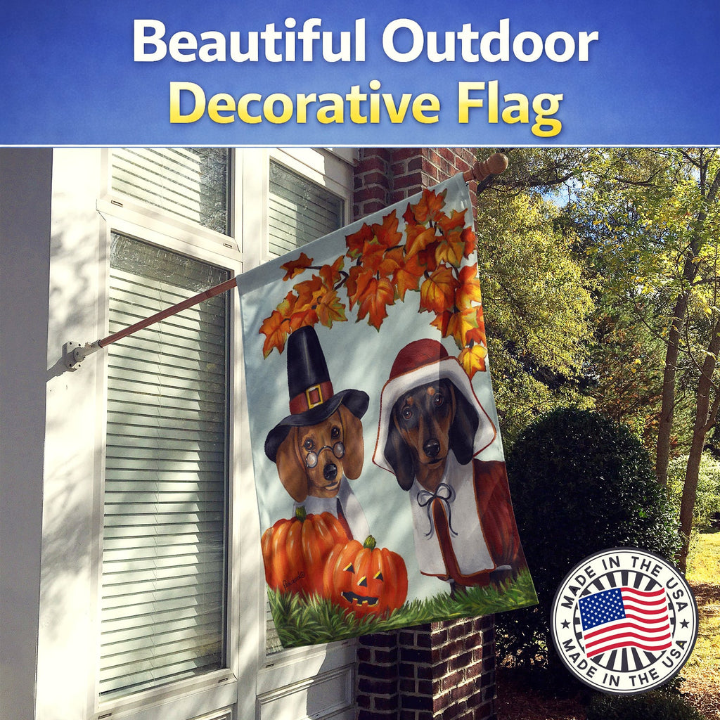 Dachshund Thanksgiving Pilgrims House Flag 28x40 Porch Sleeve Pole Decorative Outside Yard Banner Artwork Wall Hanging, Polyester