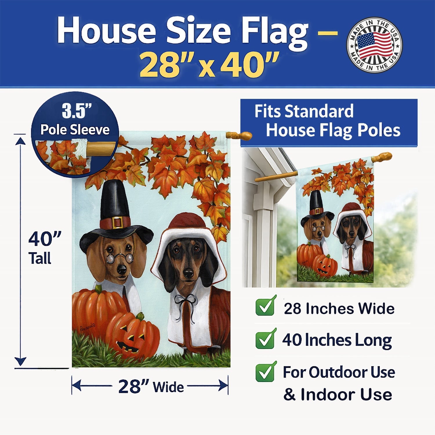 Dachshund Thanksgiving Pilgrims House Flag 28x40 Porch Sleeve Pole Decorative Outside Yard Banner Artwork Wall Hanging, Polyester