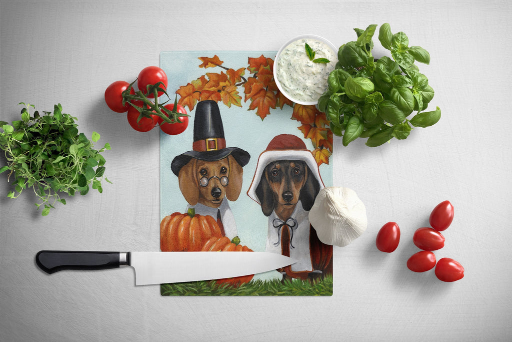 Dachshund Thanksgiving Pilgrims Cutting Board Tempered Glass Kitchen Cutting Surface, Heat Resistant Chopping, Non-Slip Feet, Food Prep & Serving