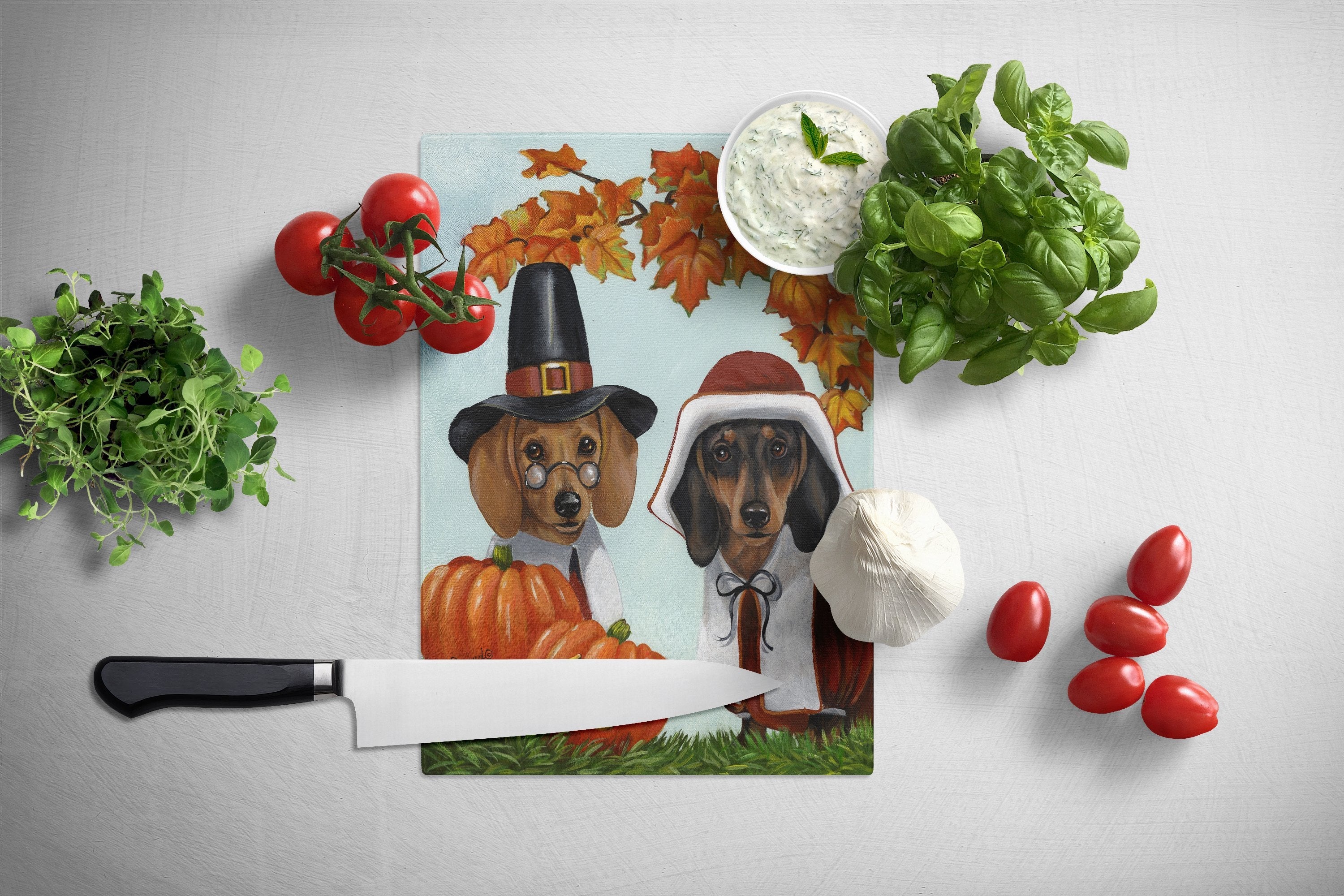Dachshund Thanksgiving Pilgrims Cutting Board Tempered Glass Kitchen Cutting Surface, Heat Resistant Chopping, Non-Slip Feet, Food Prep & Serving