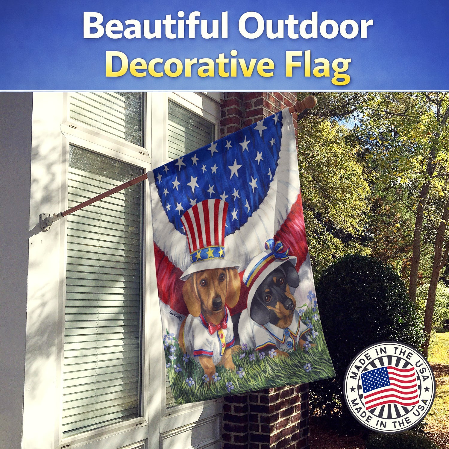 Dachshund USA House Flag 28x40 Porch Sleeve Pole Decorative Outside Yard Banner Artwork Wall Hanging, Polyester