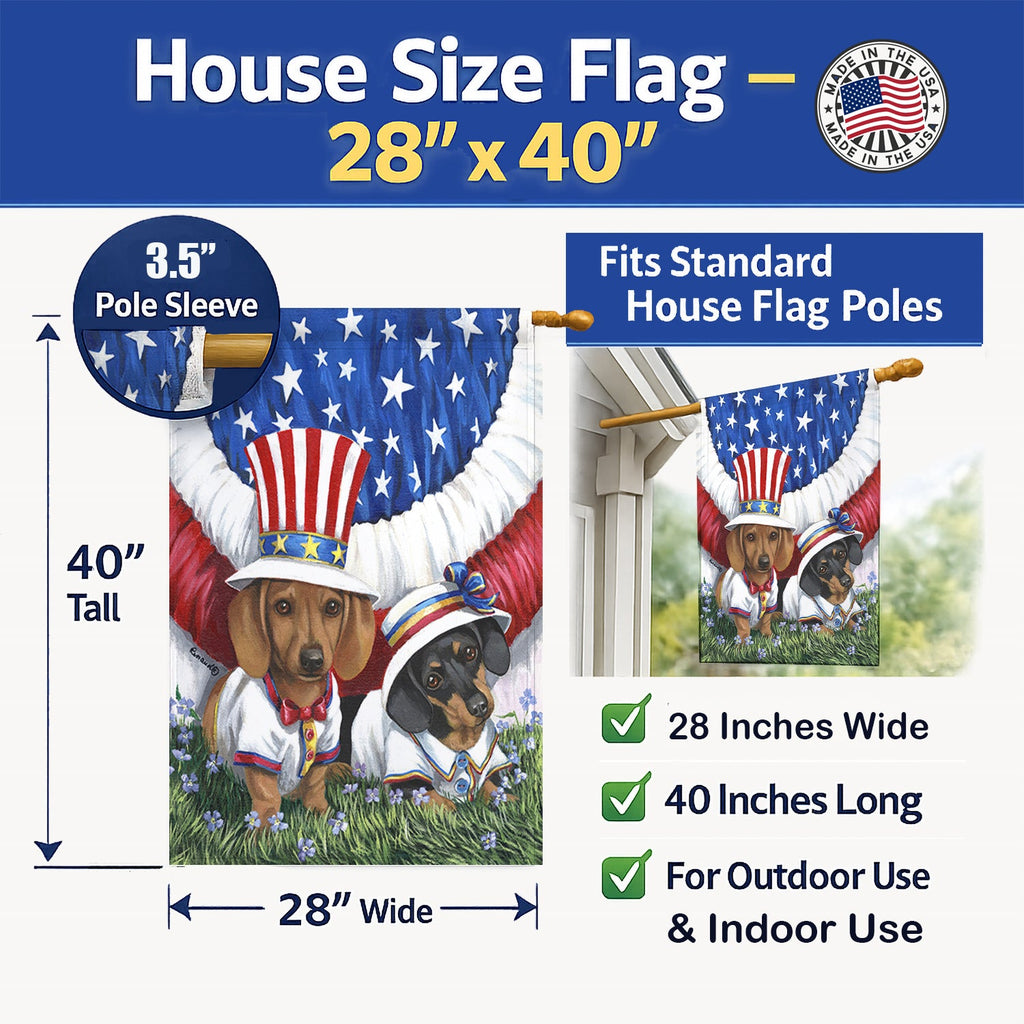 Dachshund USA House Flag 28x40 Porch Sleeve Pole Decorative Outside Yard Banner Artwork Wall Hanging, Polyester