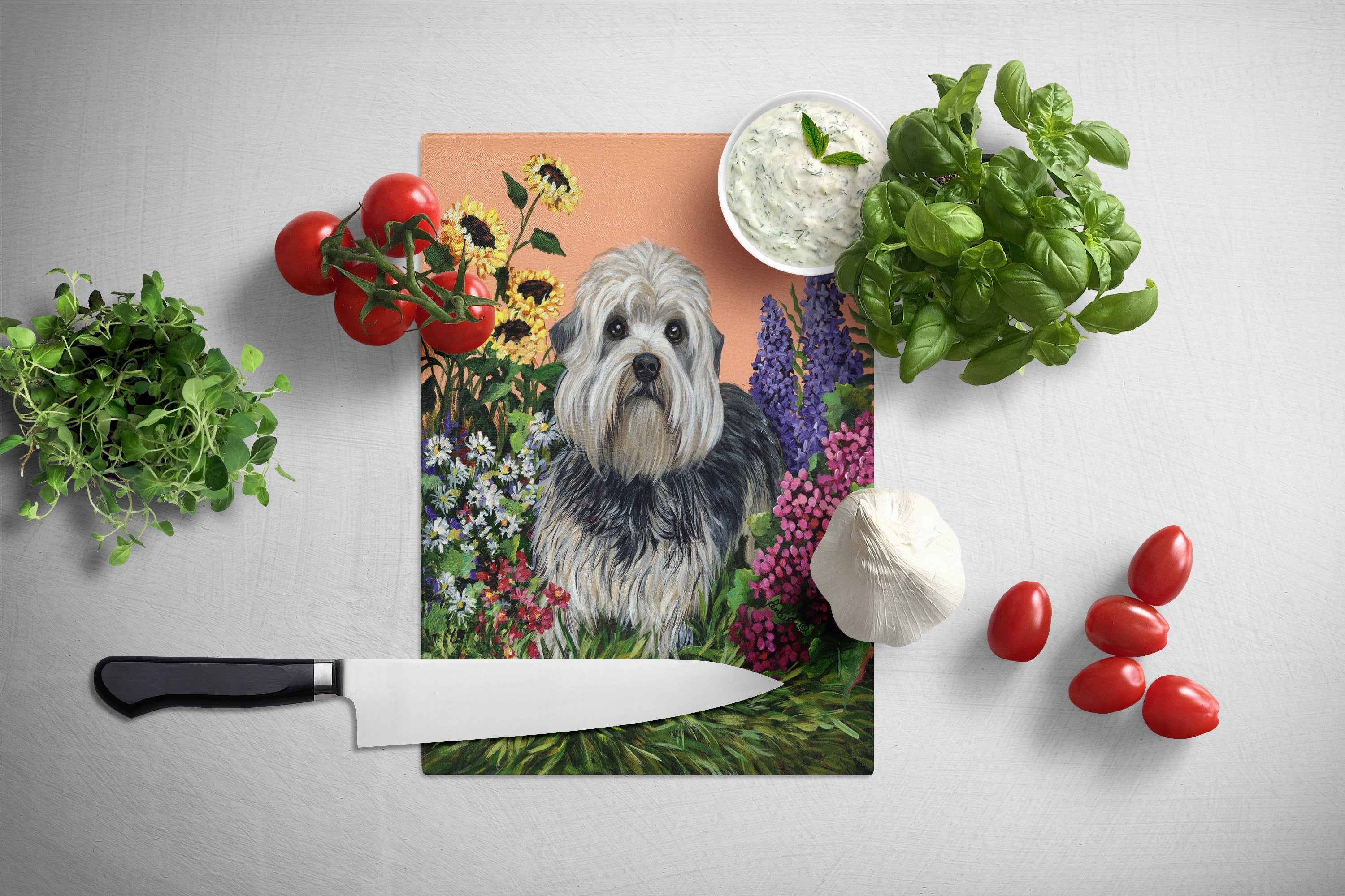 Dandie Dinmont Terrier Cutting Board Tempered Glass Kitchen Cutting Surface, Heat Resistant Chopping, Non-Slip Feet, Food Prep & Serving
