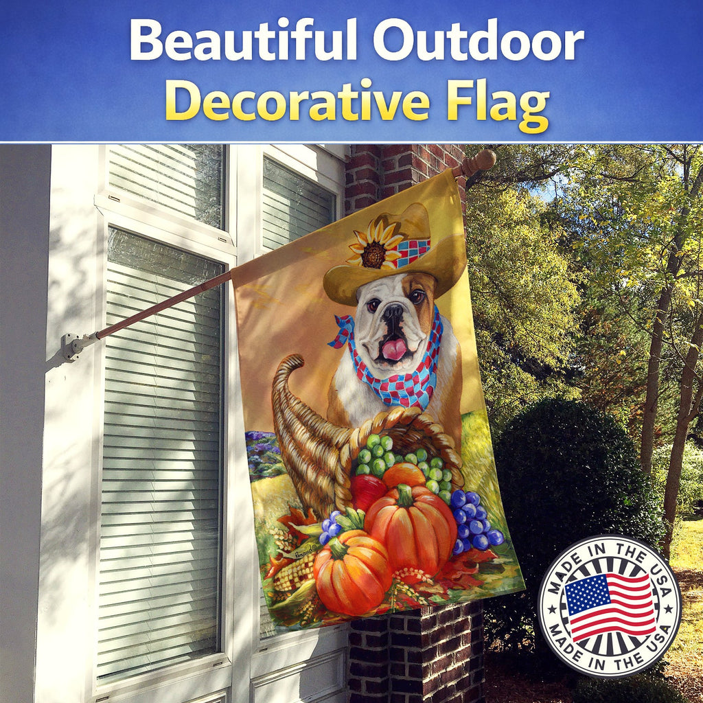 English Bulldog Autumn House Flag 28x40 Porch Sleeve Pole Decorative Outside Yard Banner Artwork Wall Hanging, Polyester