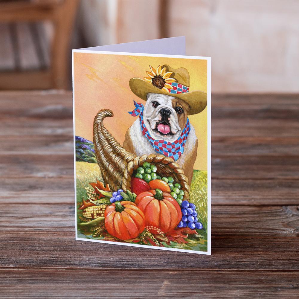 English Bulldog Autumn Greeting Cards Pack of 8 Blank Cards with Envelopes Whimsical A7 Size 5x7