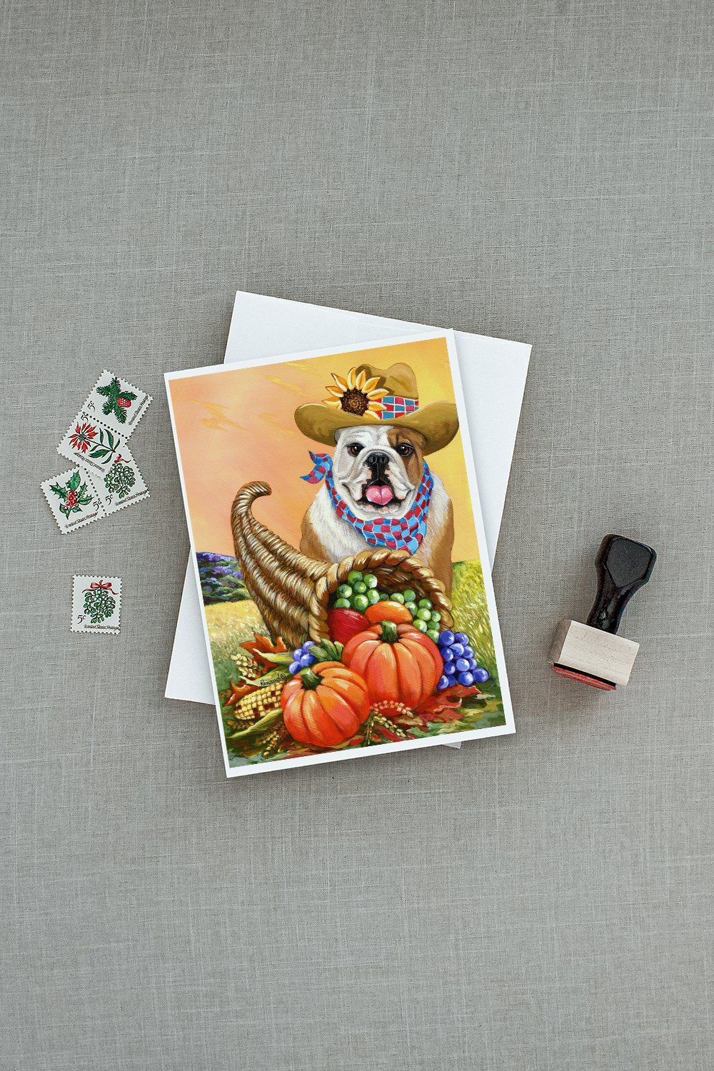 English Bulldog Autumn Greeting Cards Pack of 8 Blank Cards with Envelopes Whimsical A7 Size 5x7