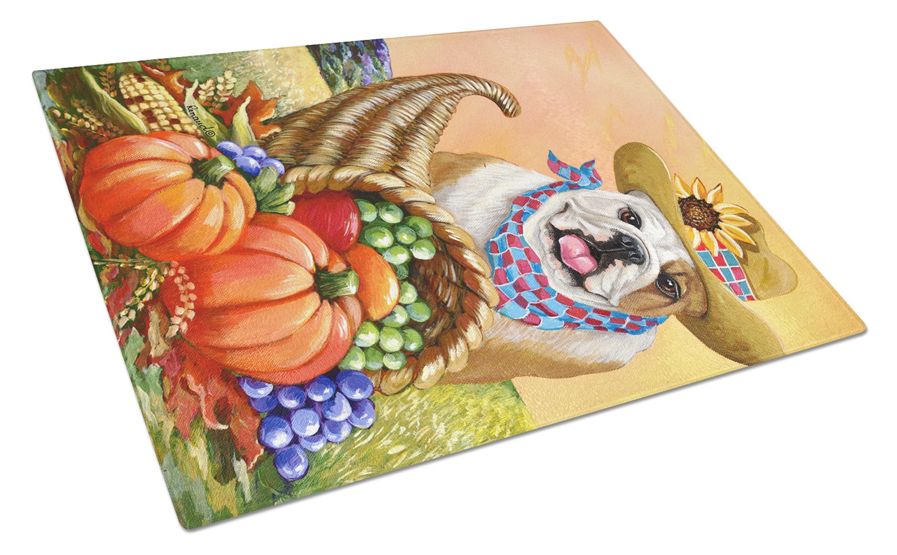English Bulldog Autumn Cutting Board Tempered Glass Kitchen Cutting Surface, Heat Resistant Chopping, Non-Slip Feet, Food Prep & Serving
