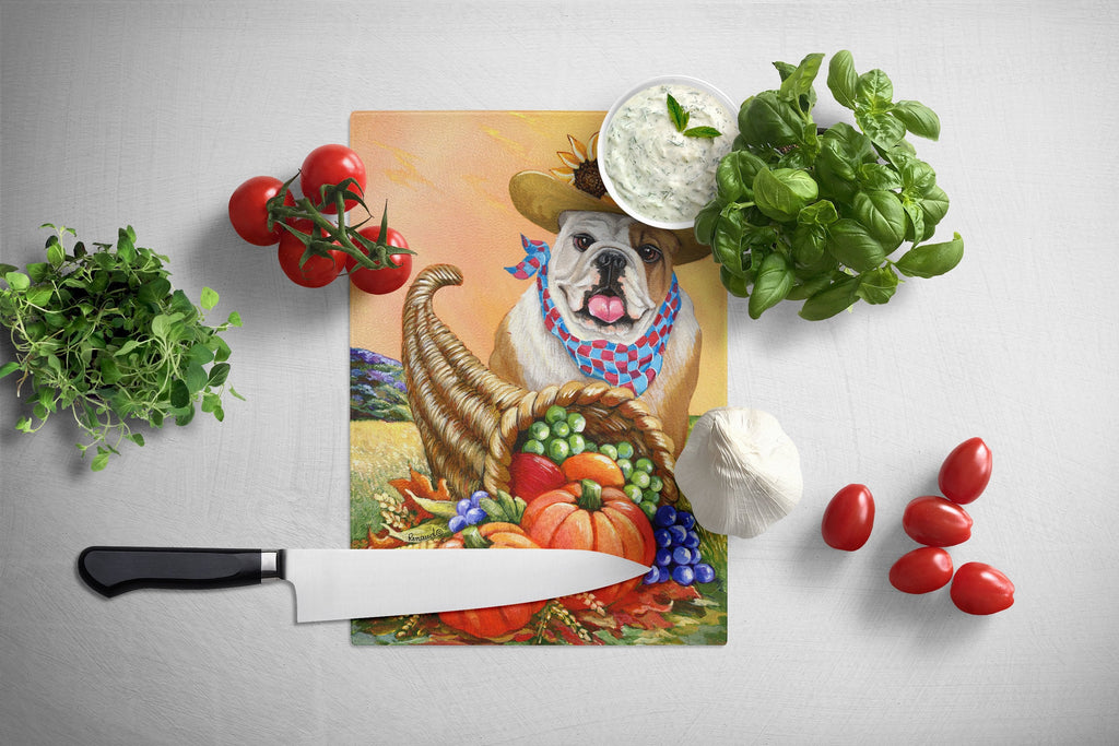 English Bulldog Autumn Cutting Board Tempered Glass Kitchen Cutting Surface, Heat Resistant Chopping, Non-Slip Feet, Food Prep & Serving