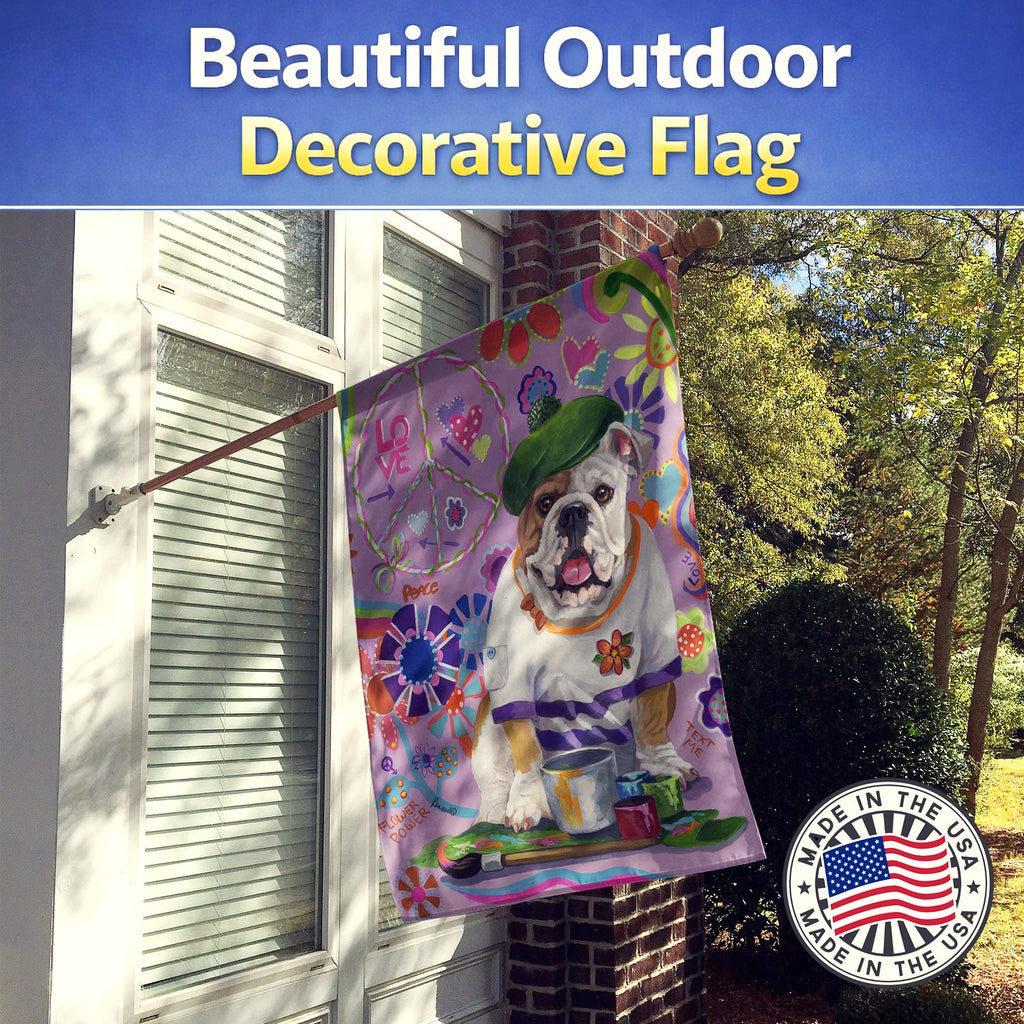 English Bulldog Flower Power House Flag 28x40 Porch Sleeve Pole Decorative Outside Yard Banner Artwork Wall Hanging, Polyester