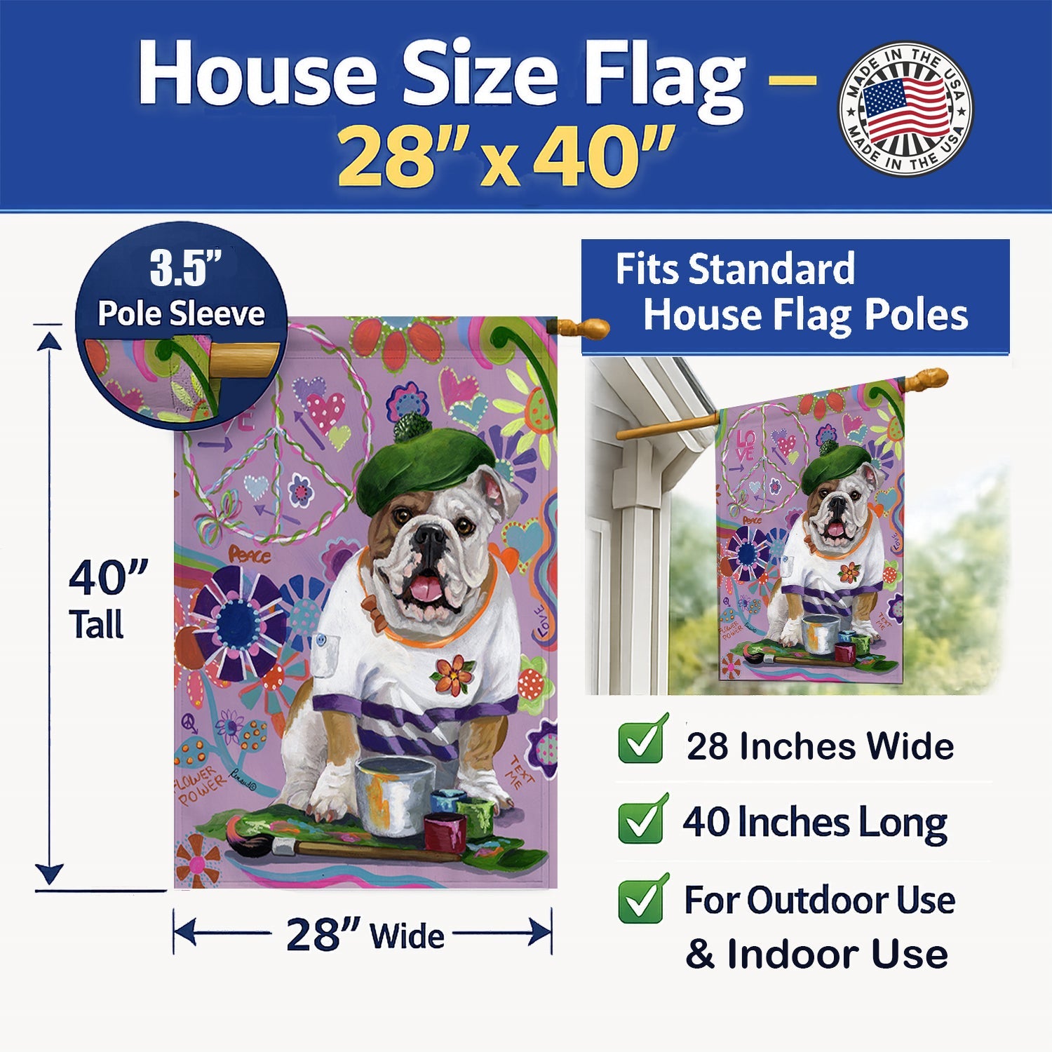 English Bulldog Flower Power House Flag 28x40 Porch Sleeve Pole Decorative Outside Yard Banner Artwork Wall Hanging, Polyester