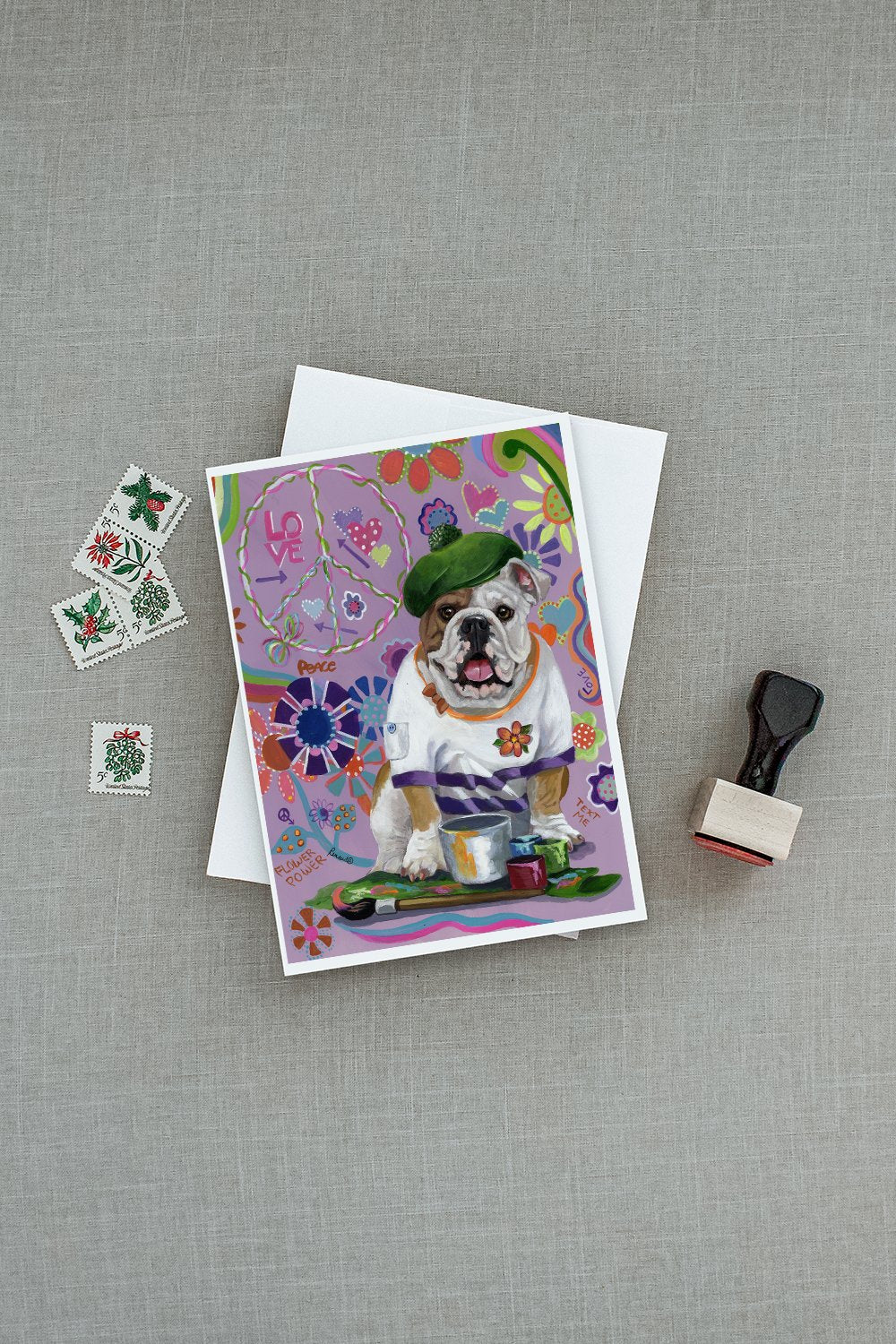 English Bulldog Flower Power Greeting Cards Pack of 8 Blank Cards with Envelopes Whimsical A7 Size 5x7