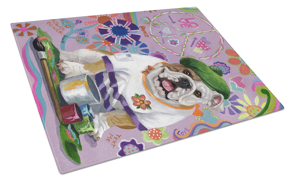 English Bulldog Flower Power Cutting Board Tempered Glass Kitchen Cutting Surface, Heat Resistant Chopping, Non-Slip Feet, Food Prep & Serving