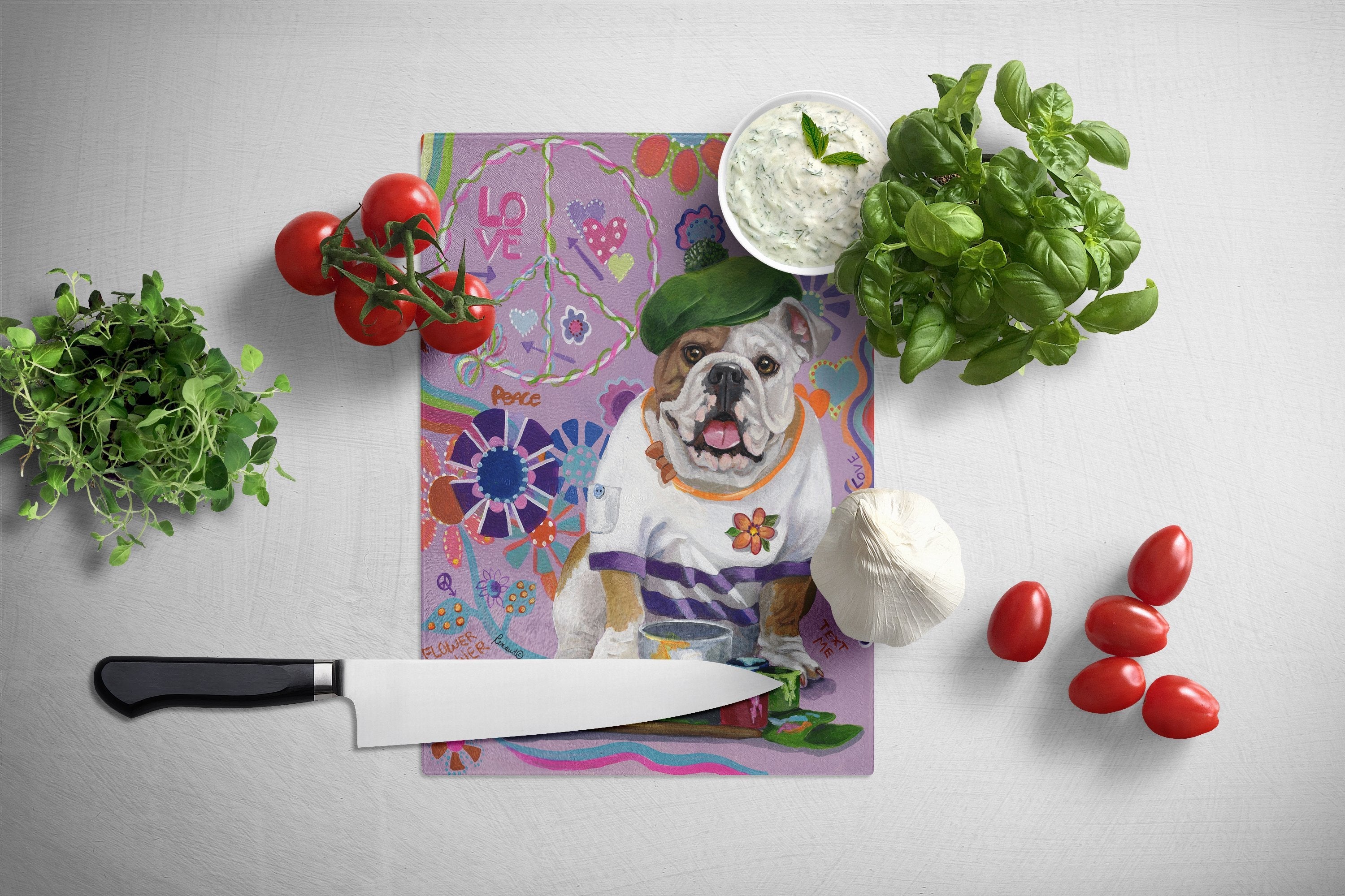 English Bulldog Flower Power Cutting Board Tempered Glass Kitchen Cutting Surface, Heat Resistant Chopping, Non-Slip Feet, Food Prep & Serving