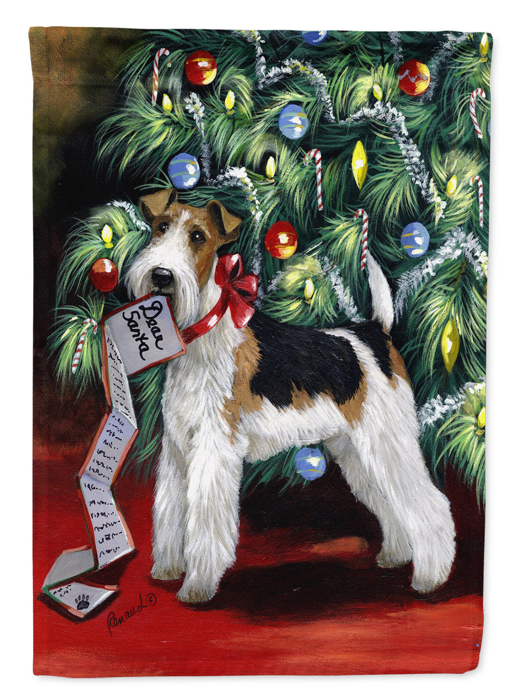 Fox Terrier Christmas Dear Santa House Flag 28x40 Porch Sleeve Pole Decorative Outside Yard Banner Artwork Wall Hanging, Polyester