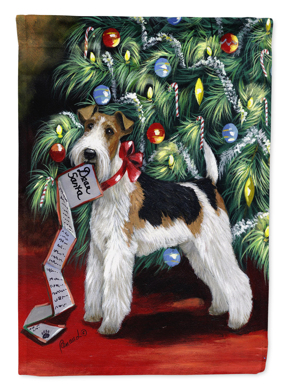 Fox Terrier Christmas Dear Santa House Flag 28x40 Porch Sleeve Pole Decorative Outside Yard Banner Artwork Wall Hanging, Polyester