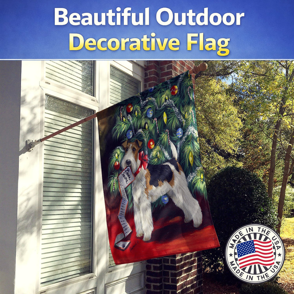 Fox Terrier Christmas Dear Santa House Flag 28x40 Porch Sleeve Pole Decorative Outside Yard Banner Artwork Wall Hanging, Polyester