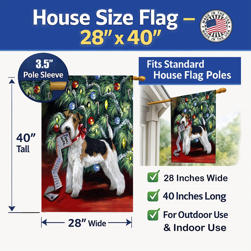 Fox Terrier Christmas Dear Santa House Flag 28x40 Porch Sleeve Pole Decorative Outside Yard Banner Artwork Wall Hanging, Polyester