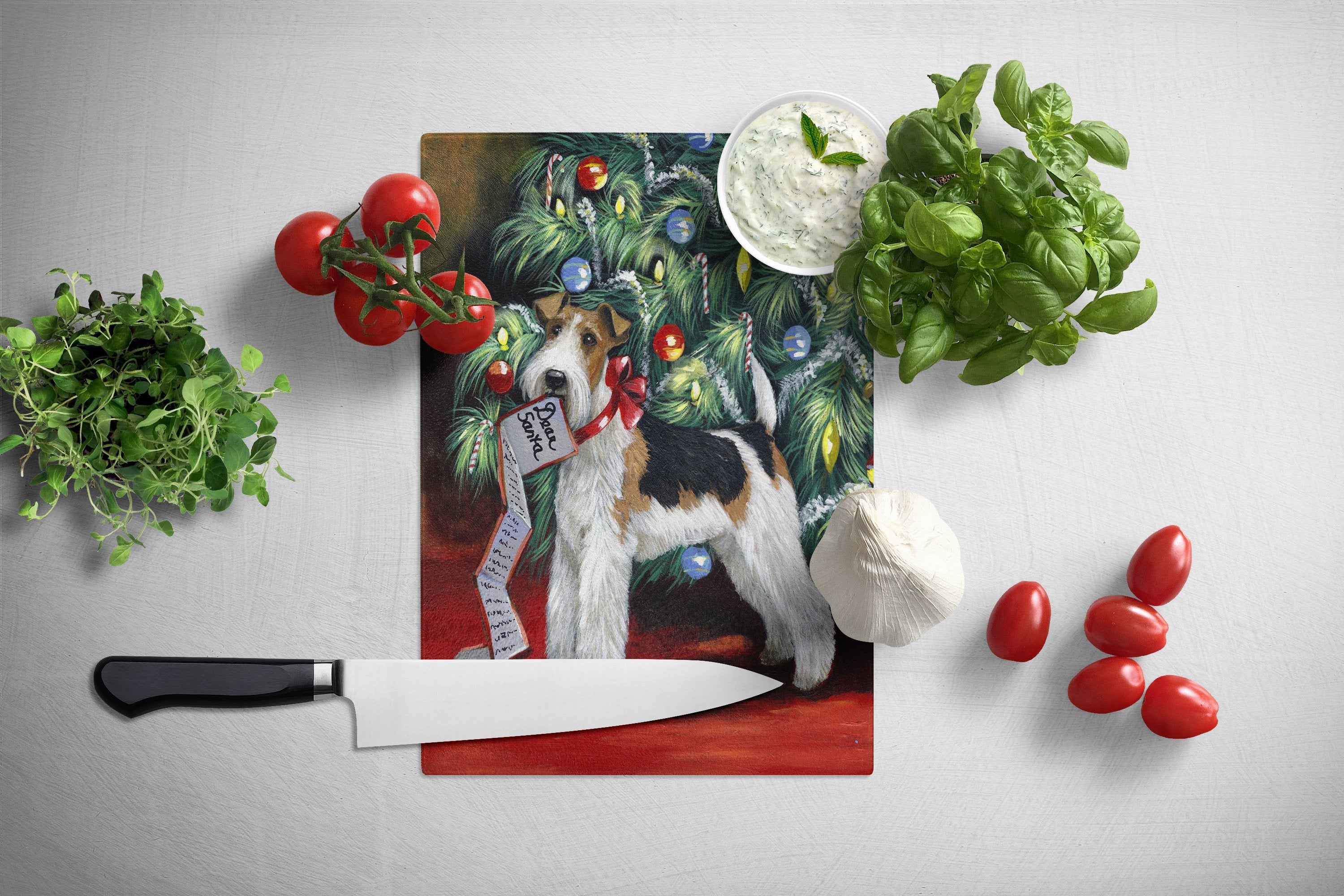 Fox Terrier Christmas Dear Santa Cutting Board Tempered Glass Kitchen Cutting Surface, Heat Resistant Chopping, Non-Slip Feet, Food Prep & Serving