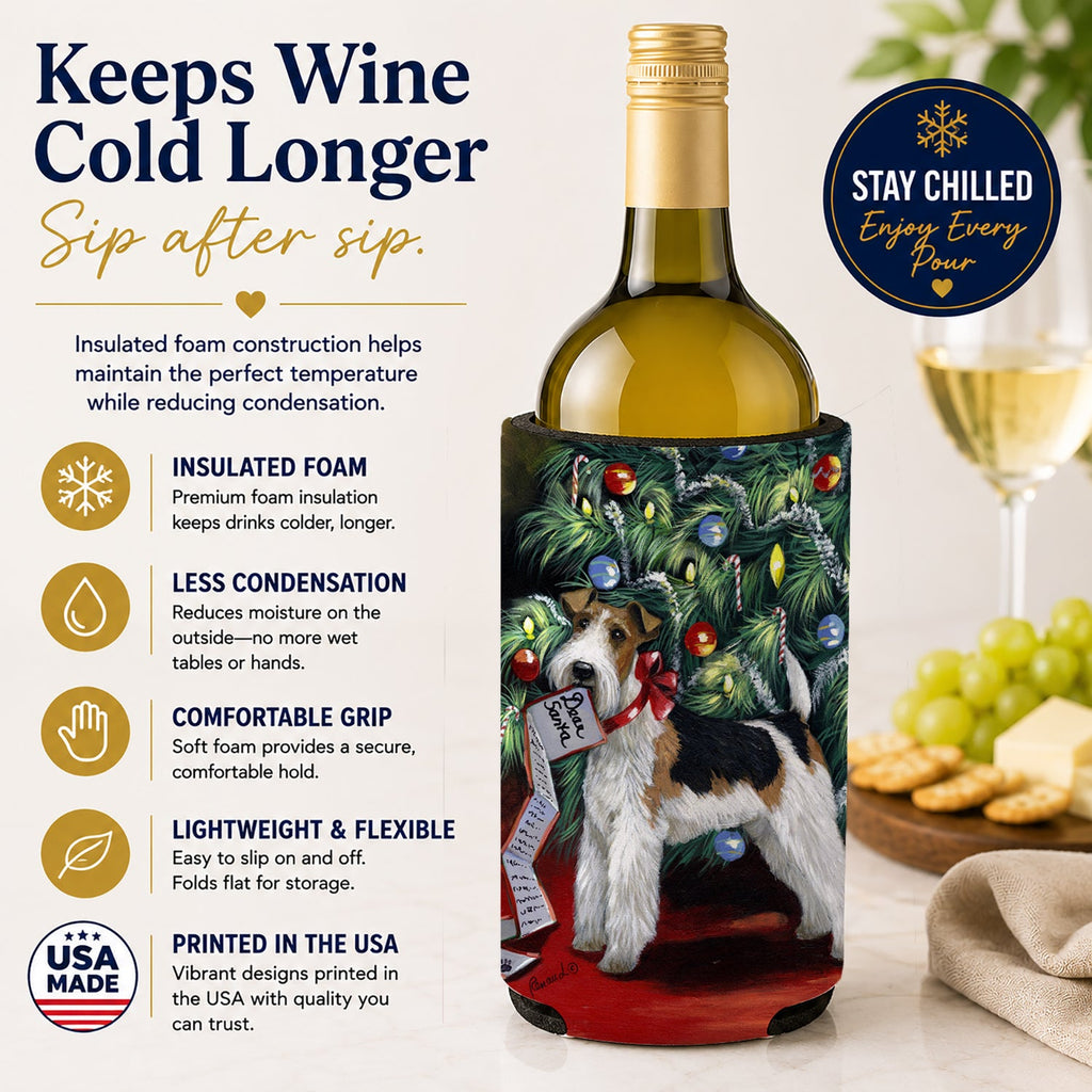 Fox Terrier Christmas Dear Santa Wine Bottle Hugger Gift Sleeve for Standard 750 ml Bottles, Insulated Reusable Also Fits Mini Shot & Pint Bottles
