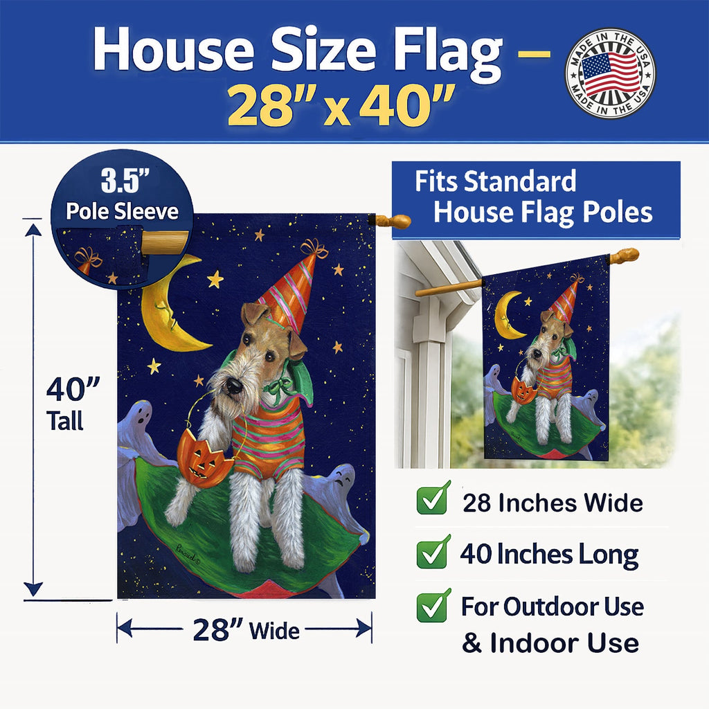 Fox Terrier Halloween Trick or Treat House Flag 28x40 Porch Sleeve Pole Decorative Outside Yard Banner Artwork Wall Hanging, Polyester