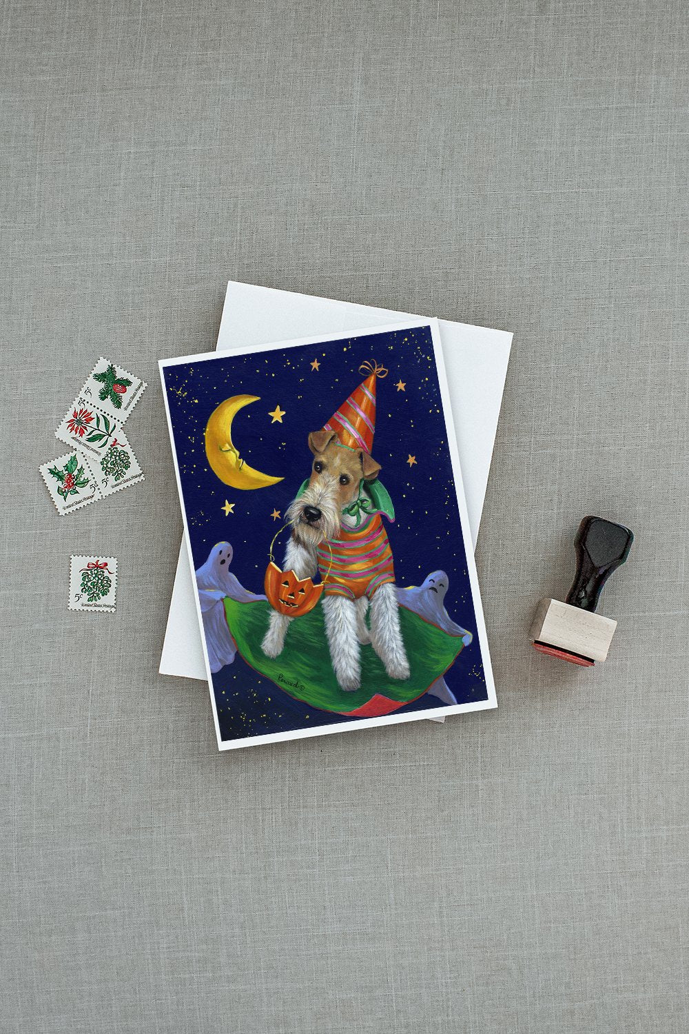 Fox Terrier Halloween Trick or Treat Greeting Cards Pack of 8 Blank Cards with Envelopes Whimsical A7 Size 5x7