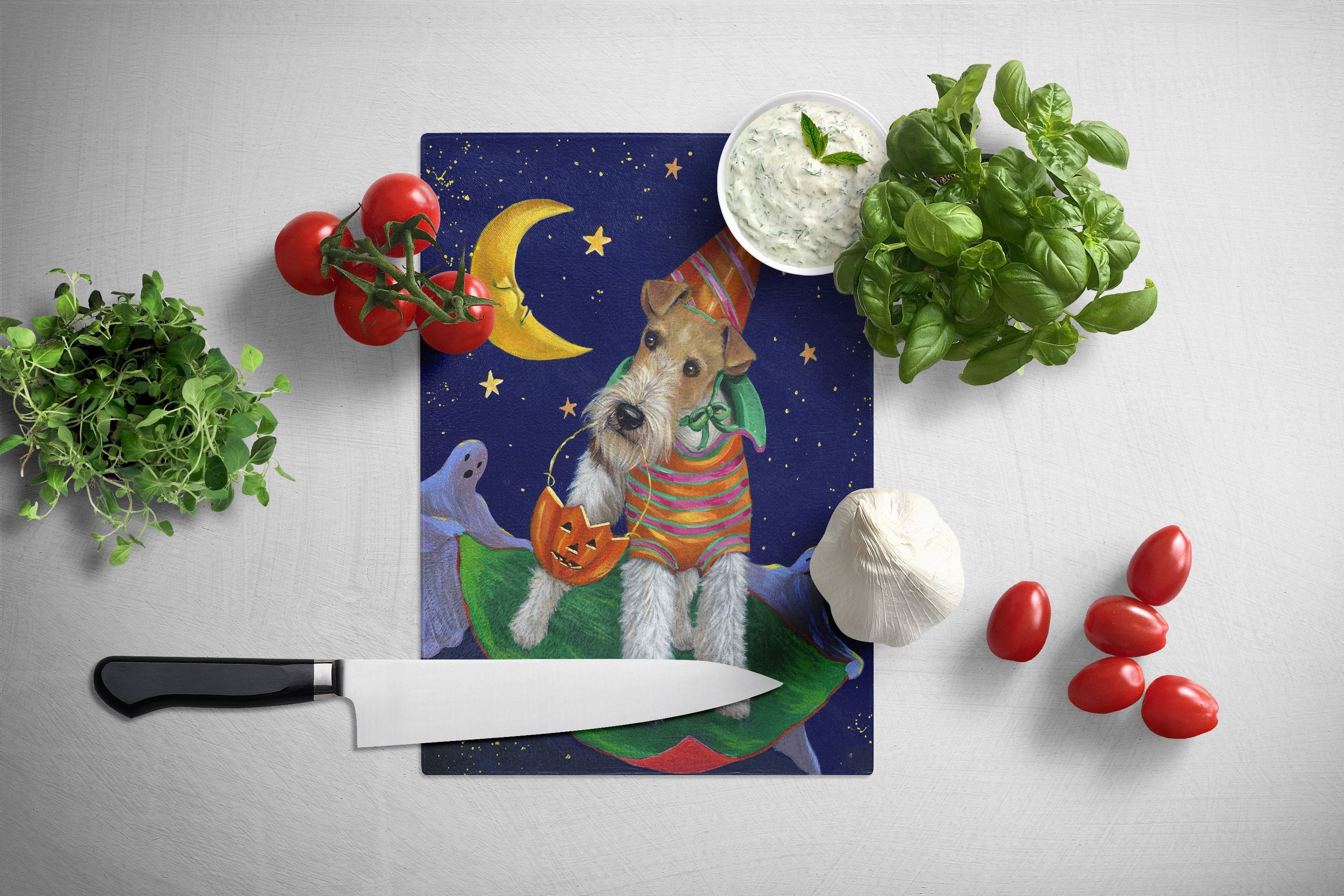 Fox Terrier Halloween Trick or Treat Cutting Board Tempered Glass Kitchen Cutting Surface, Heat Resistant Chopping, Non-Slip Feet, Food Prep & Serving