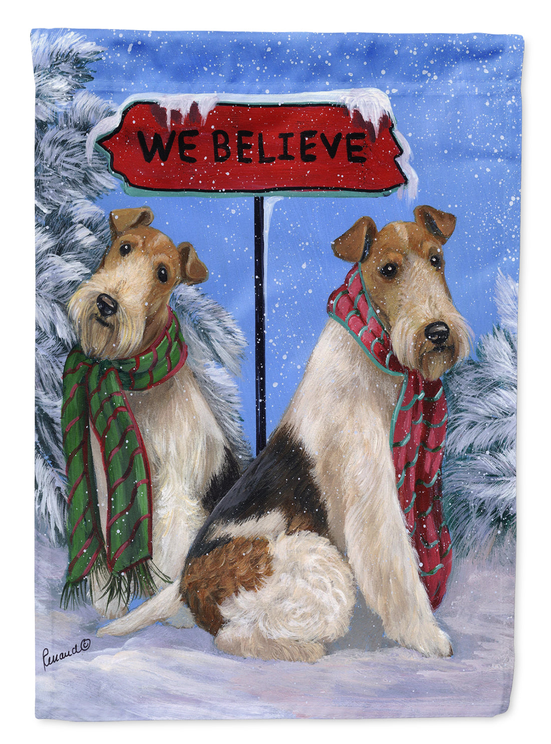 Fox Terrier Christmas We Believe House Flag 28x40 Porch Sleeve Pole Decorative Outside Yard Banner Artwork Wall Hanging, Polyester