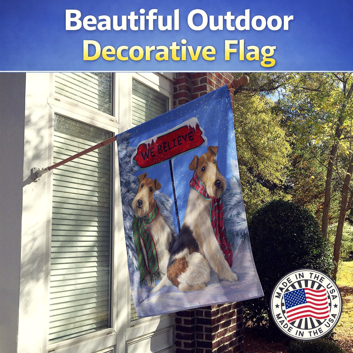 Fox Terrier Christmas We Believe House Flag 28x40 Porch Sleeve Pole Decorative Outside Yard Banner Artwork Wall Hanging, Polyester