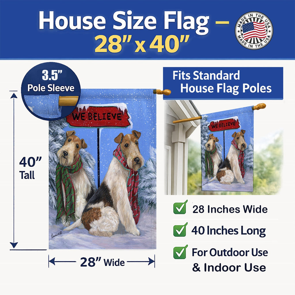 Fox Terrier Christmas We Believe House Flag 28x40 Porch Sleeve Pole Decorative Outside Yard Banner Artwork Wall Hanging, Polyester