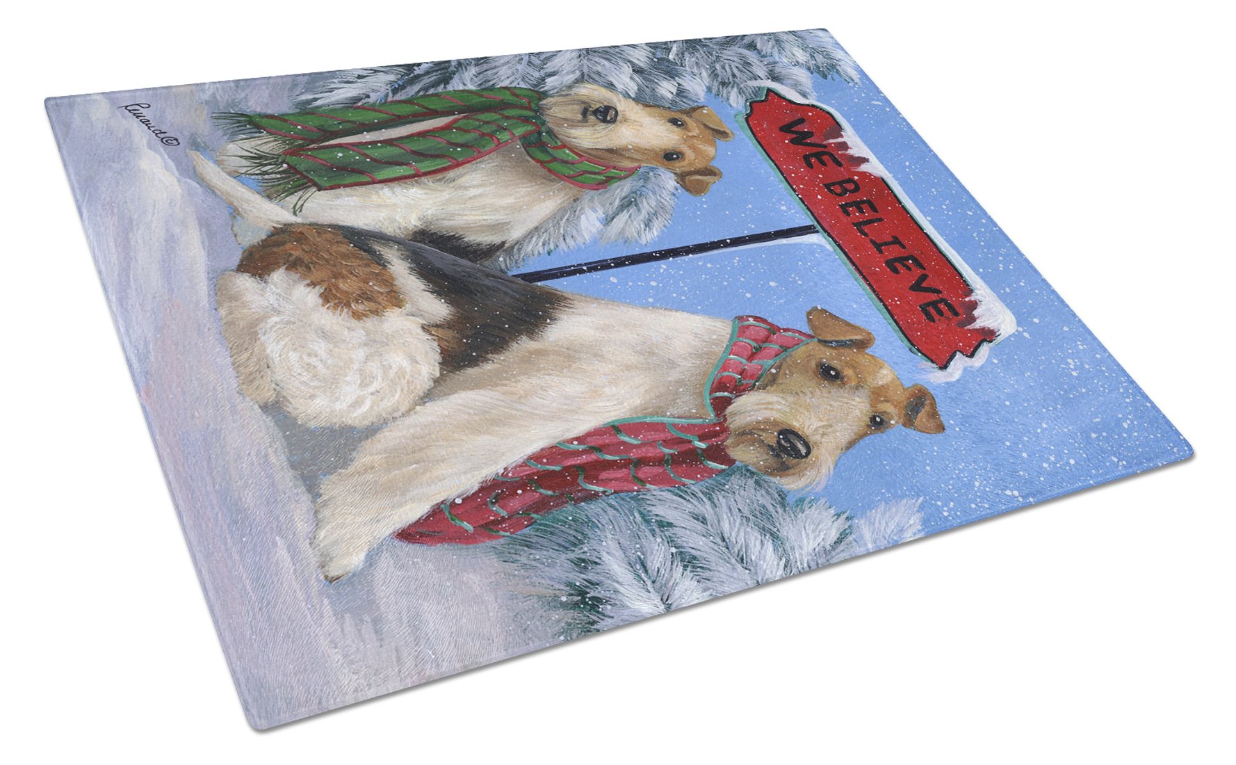 Fox Terrier Christmas We Believe Cutting Board Tempered Glass Kitchen Cutting Surface, Heat Resistant Chopping, Non-Slip Feet, Food Prep & Serving